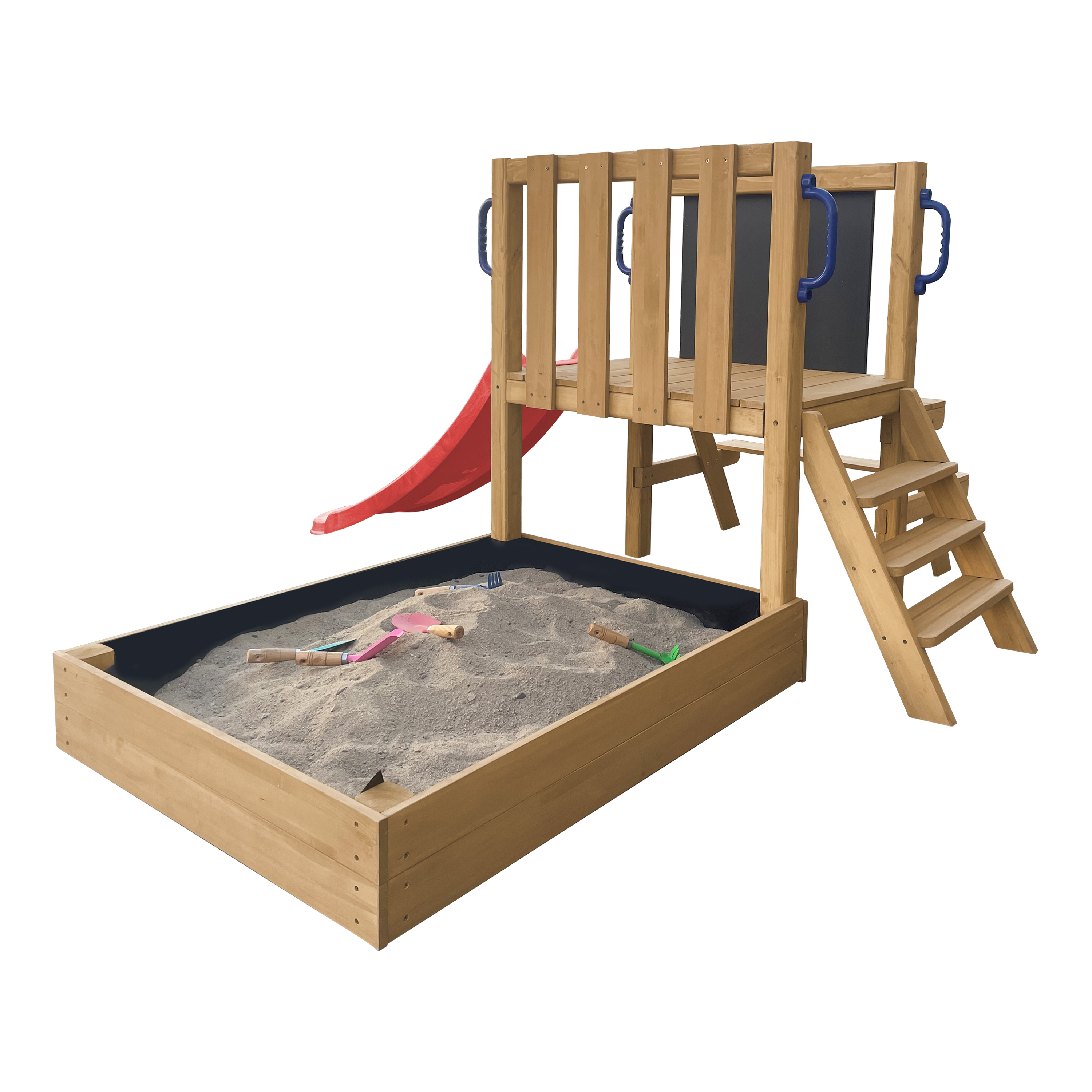 AXI Leah Mini Wooden Playtower with Sandbox. Picnic Table & Chalkboard – Red Slide