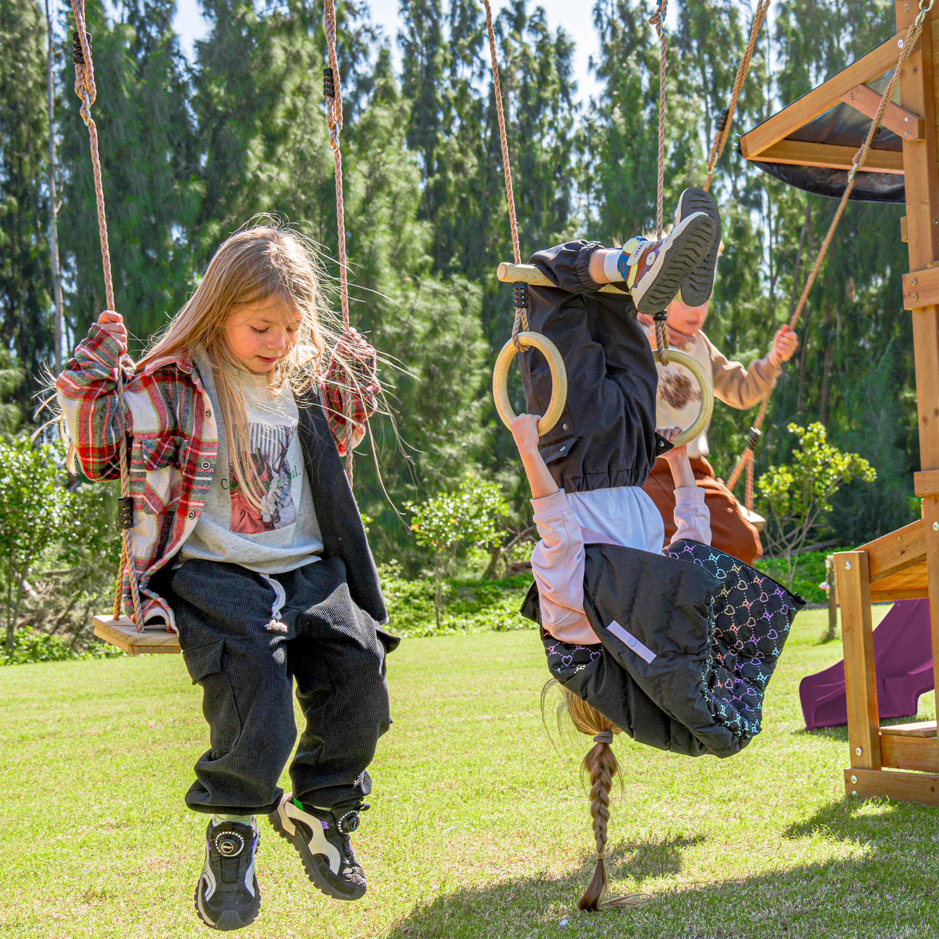 AXI Mitch Climbing Frame with Double Swing. Trapeze and Lookout Tower – Purple Slide