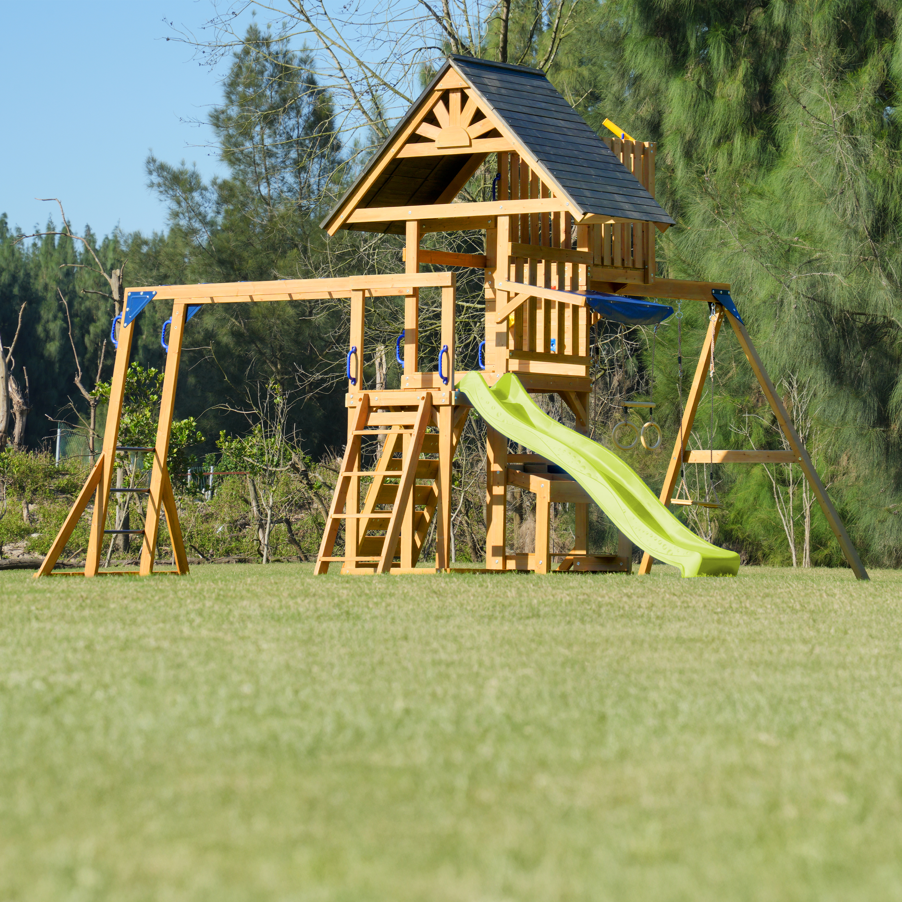AXI Mitch Climbing Frame with Double Swing. Trapeze and Lookout Tower – Lime Green Slide