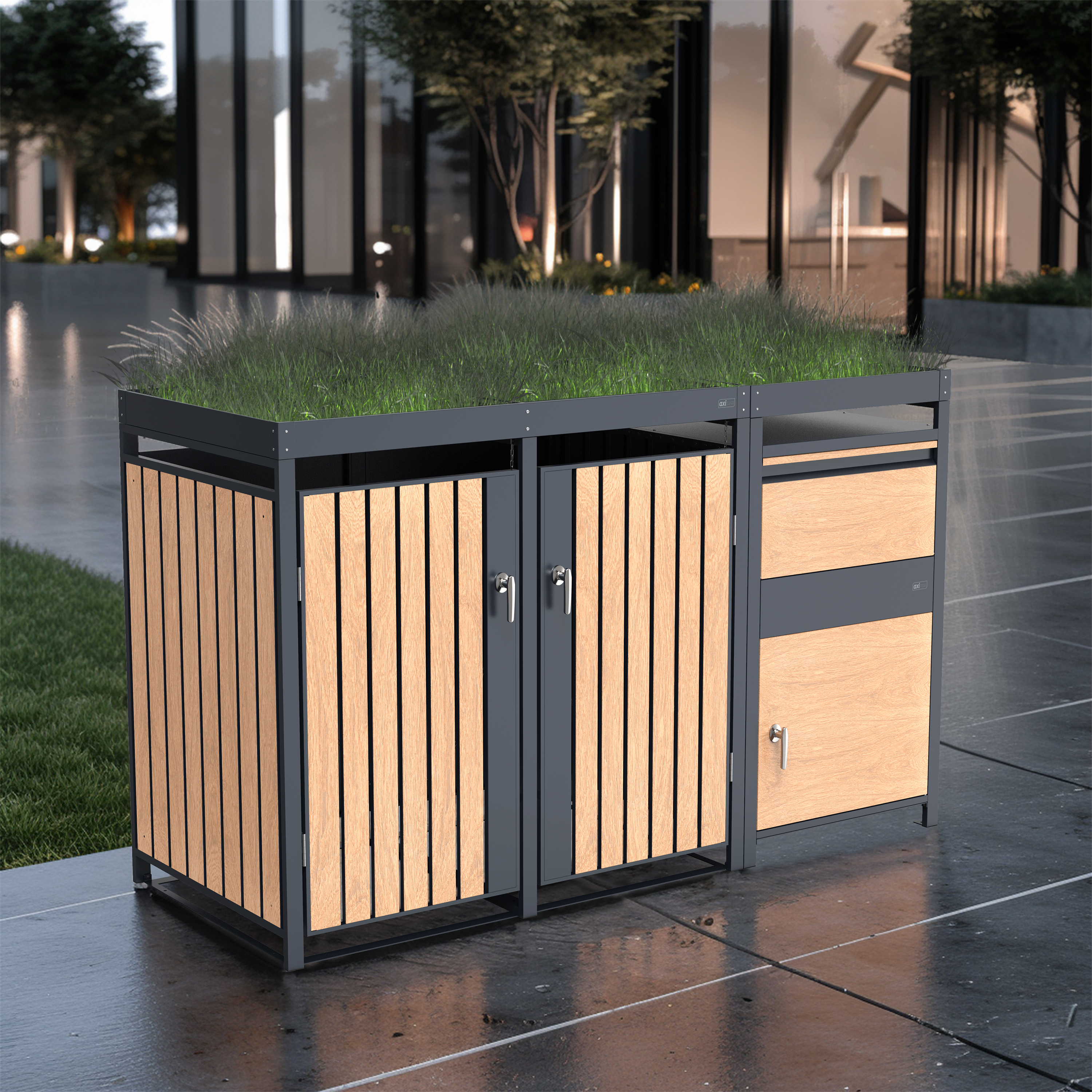 AXI Leon Bin Storage with Louis Parcel Postbox Anthracite/Wood Look – 2 Garbage Bins