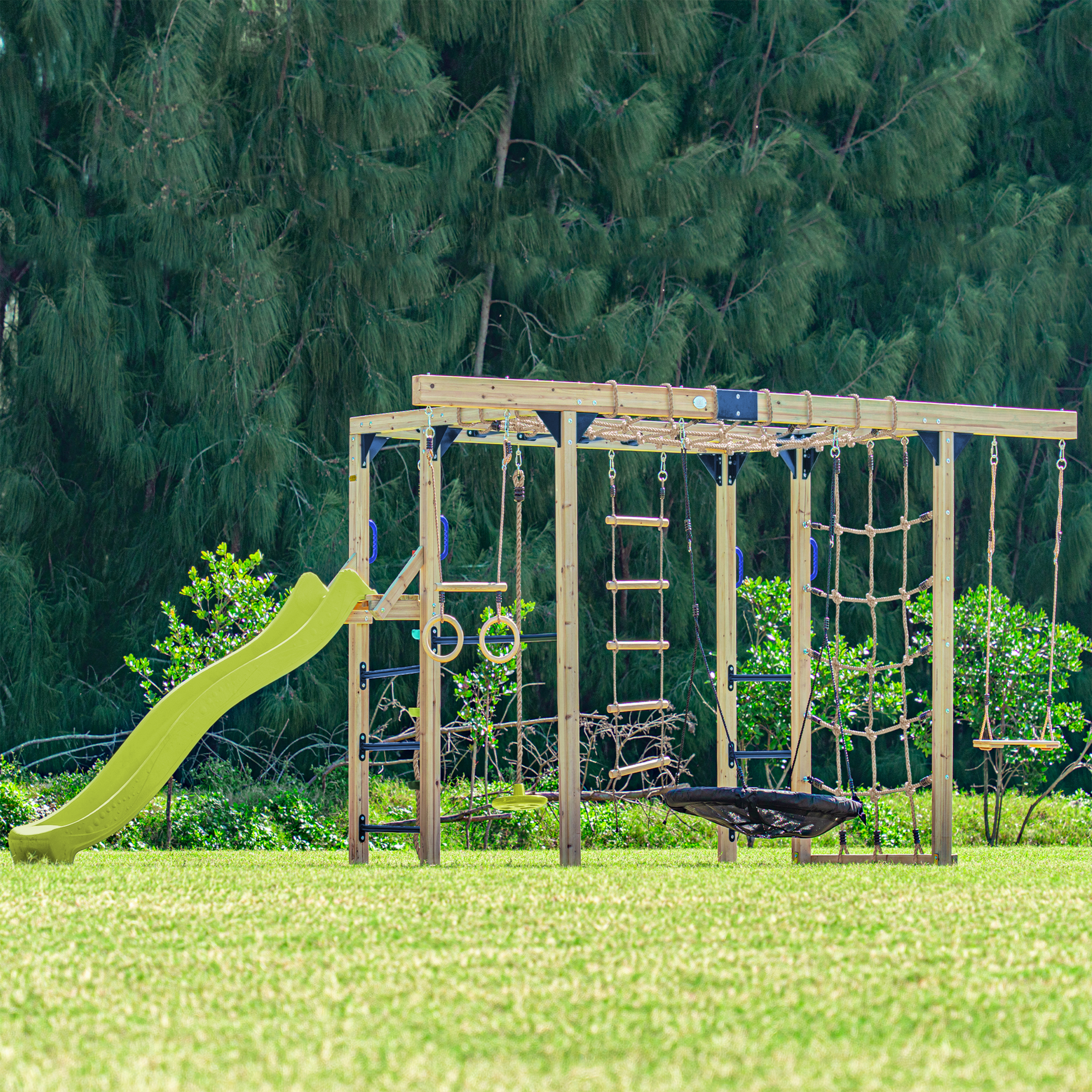 AXI Boris Wooden Playcentre with Swings, Trapeze, Climbing Nets and Monkey Bars – Lime Green Slide