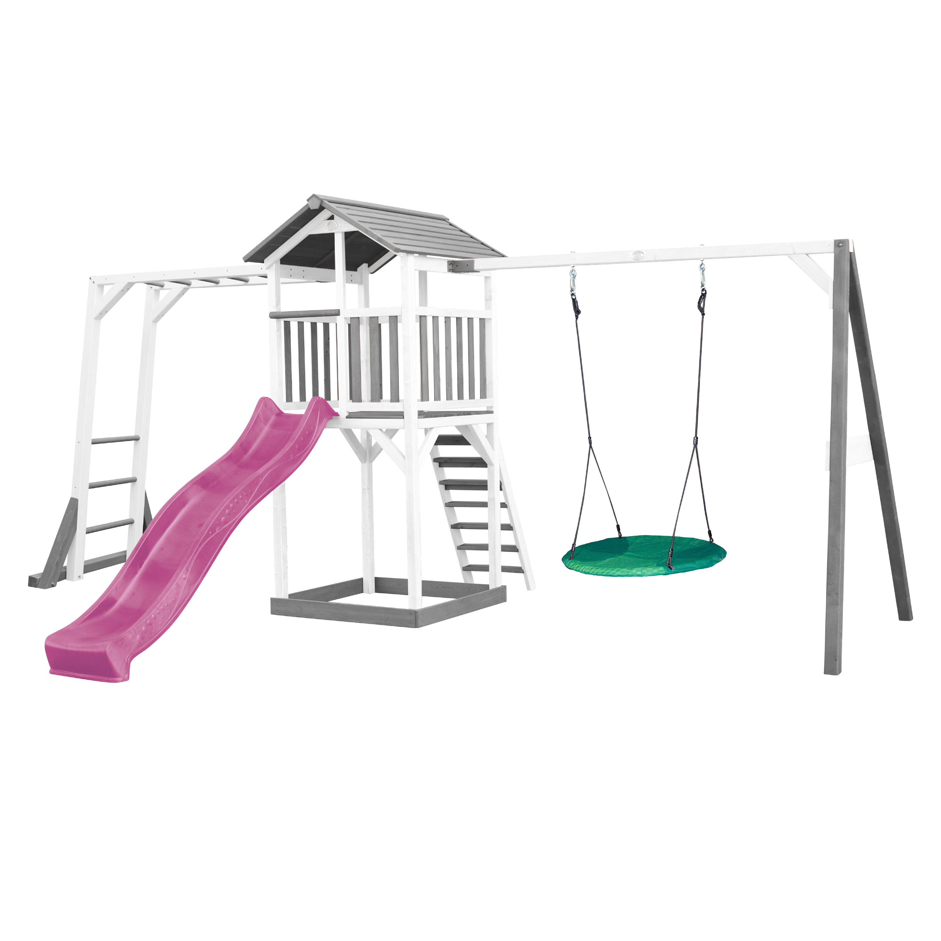 AXI Beach Tower with Climbing Frame and Summer Nest Swing Set Grey/White - Purple Slide