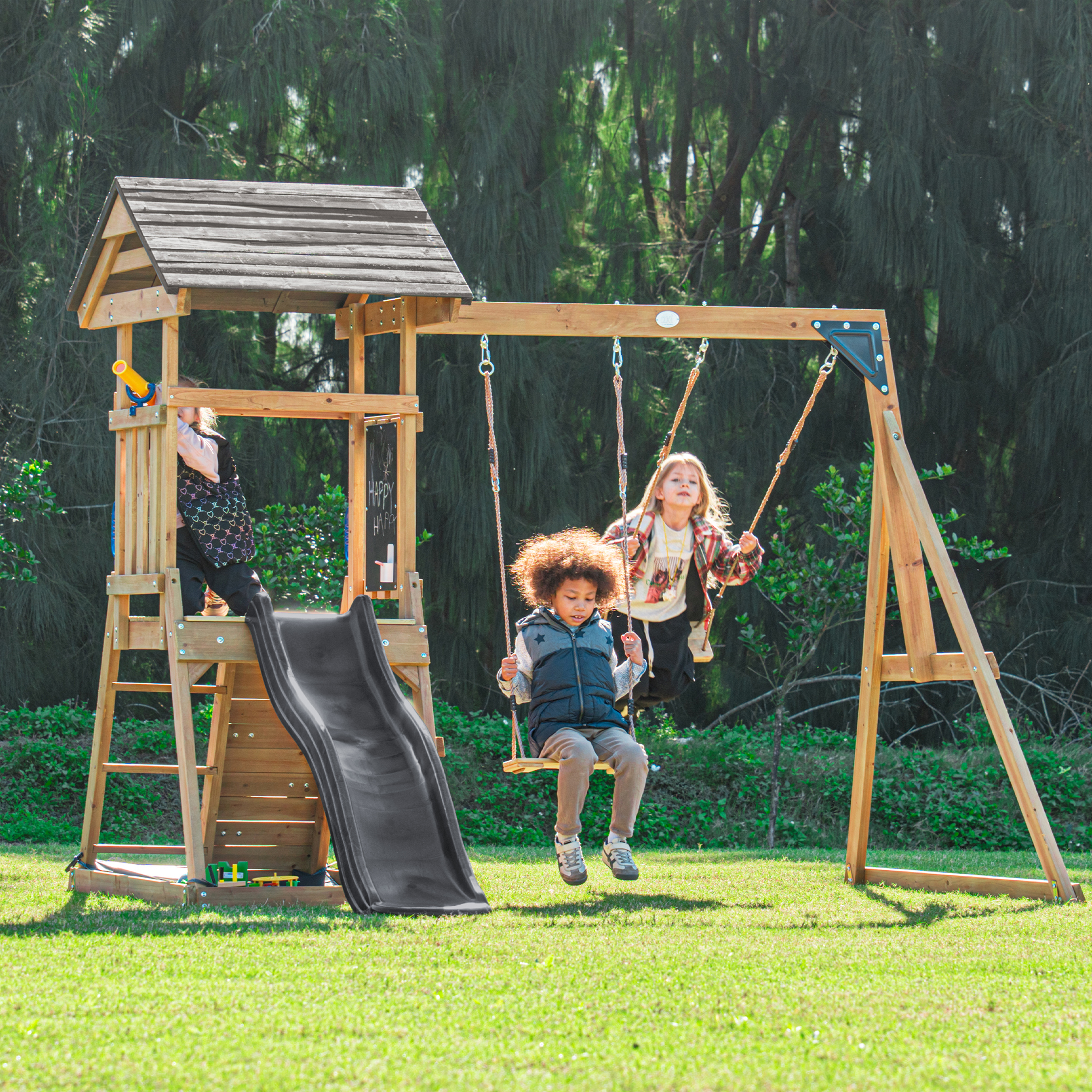 AXI Mia Climbing Frame with Double Swing Set – Grey Slide