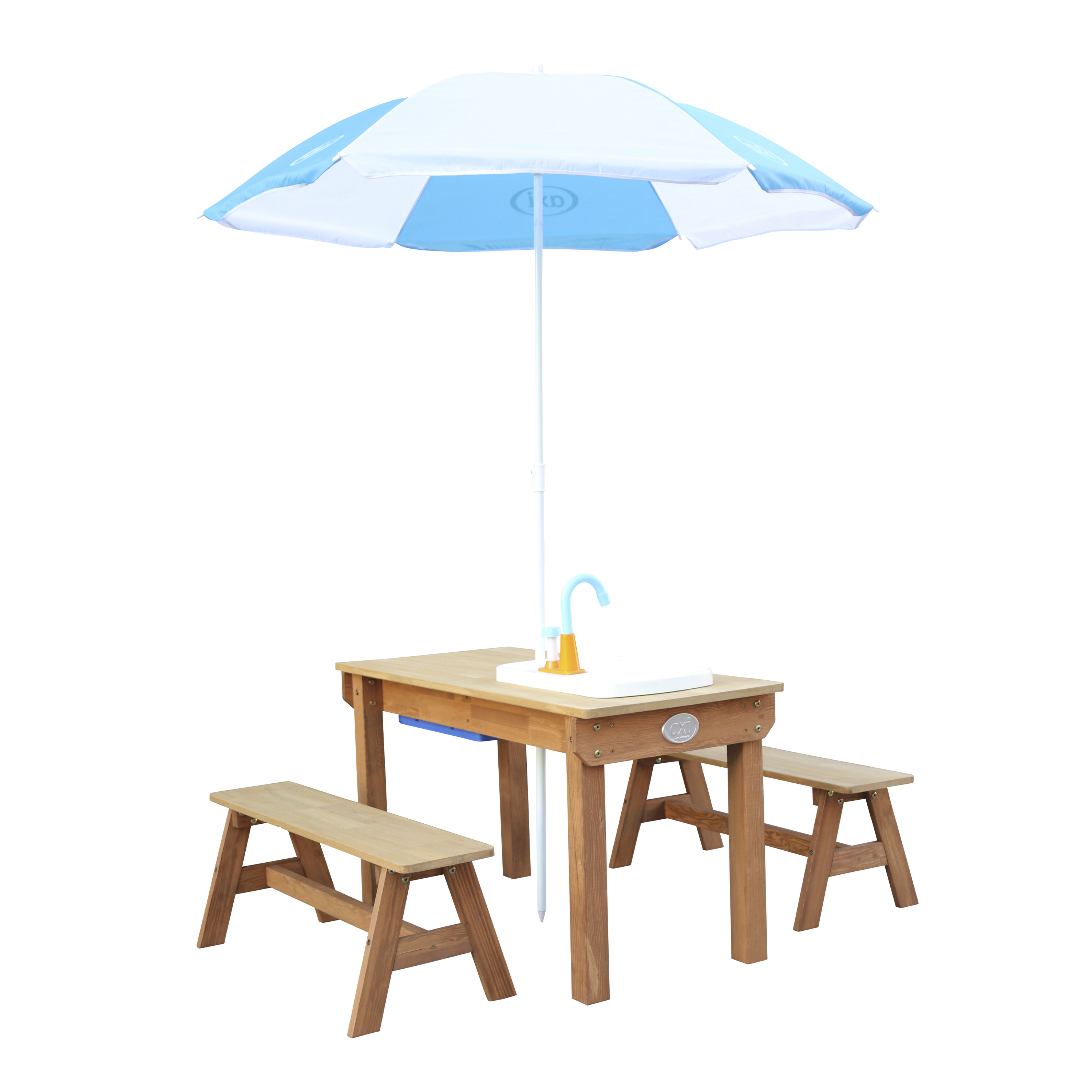 AXI Dennis Sand & Water Picnic Table with Play Kitchen Sink and Benches Brown - Umbrella Blue/White