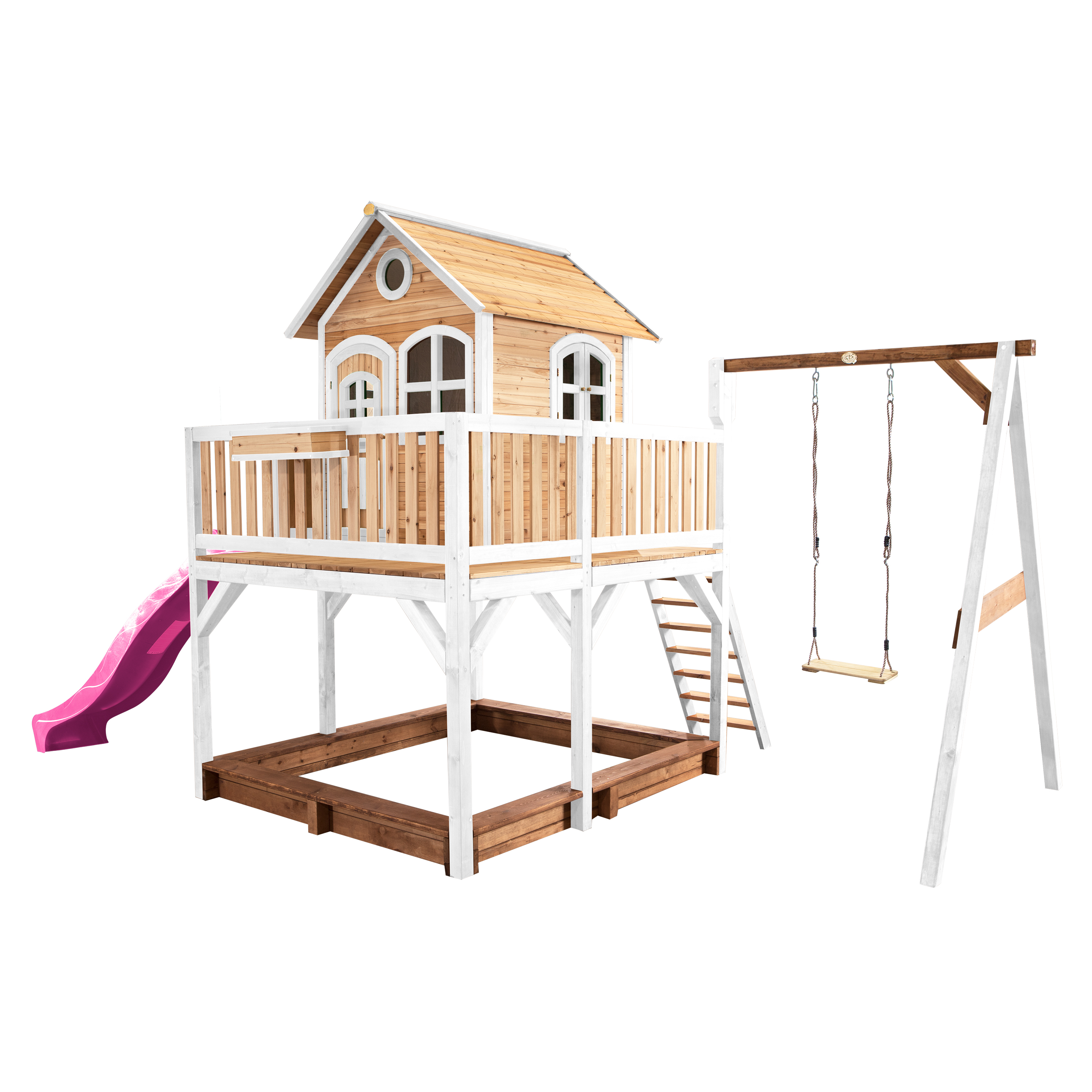 AXI Liam Playhouse with Single Swing Set Brown/White - Purple Slide-8717973933489 AXI Liam Playhouse with Single Swing Set Brown/White - Purple Slide