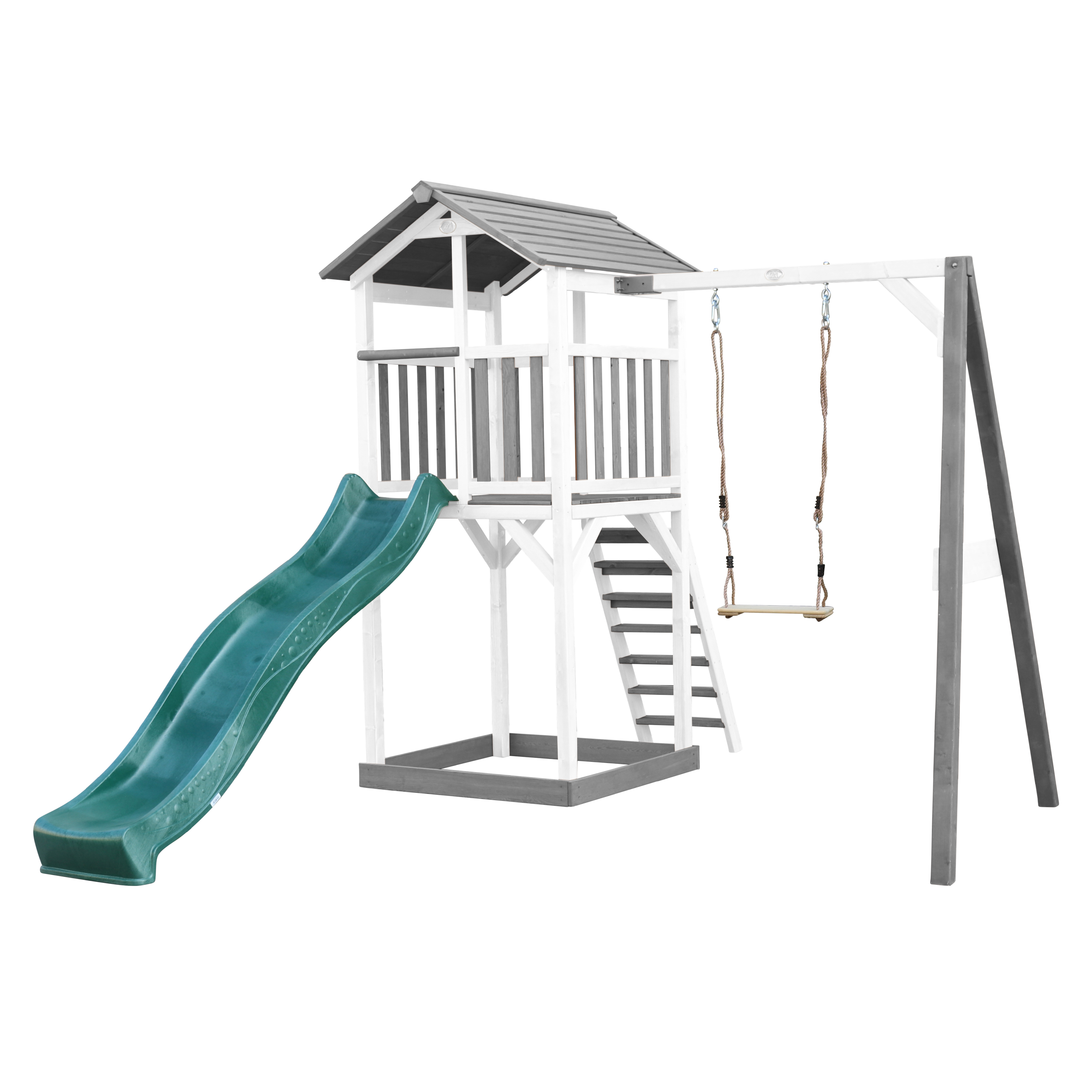 AXI Beach Tower with Single Swing Set Grey/White - Green Slide-8720365060038 AXI Beach Tower with Single Swing Set Grey/White - Green Slide