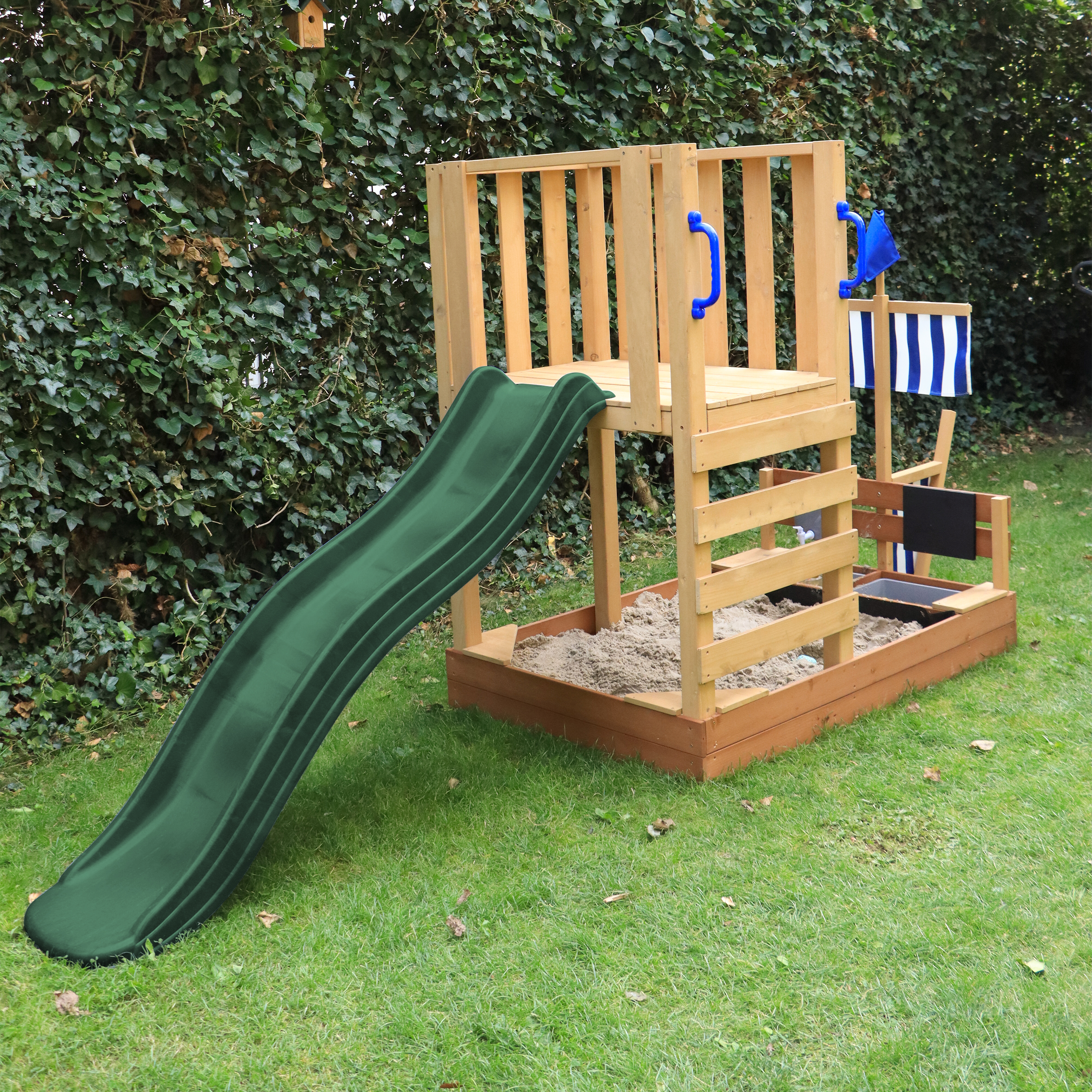 AXI Vicky Climbing Frame with Sandbox, Play Kitchen & Chalkboard – Green Slide