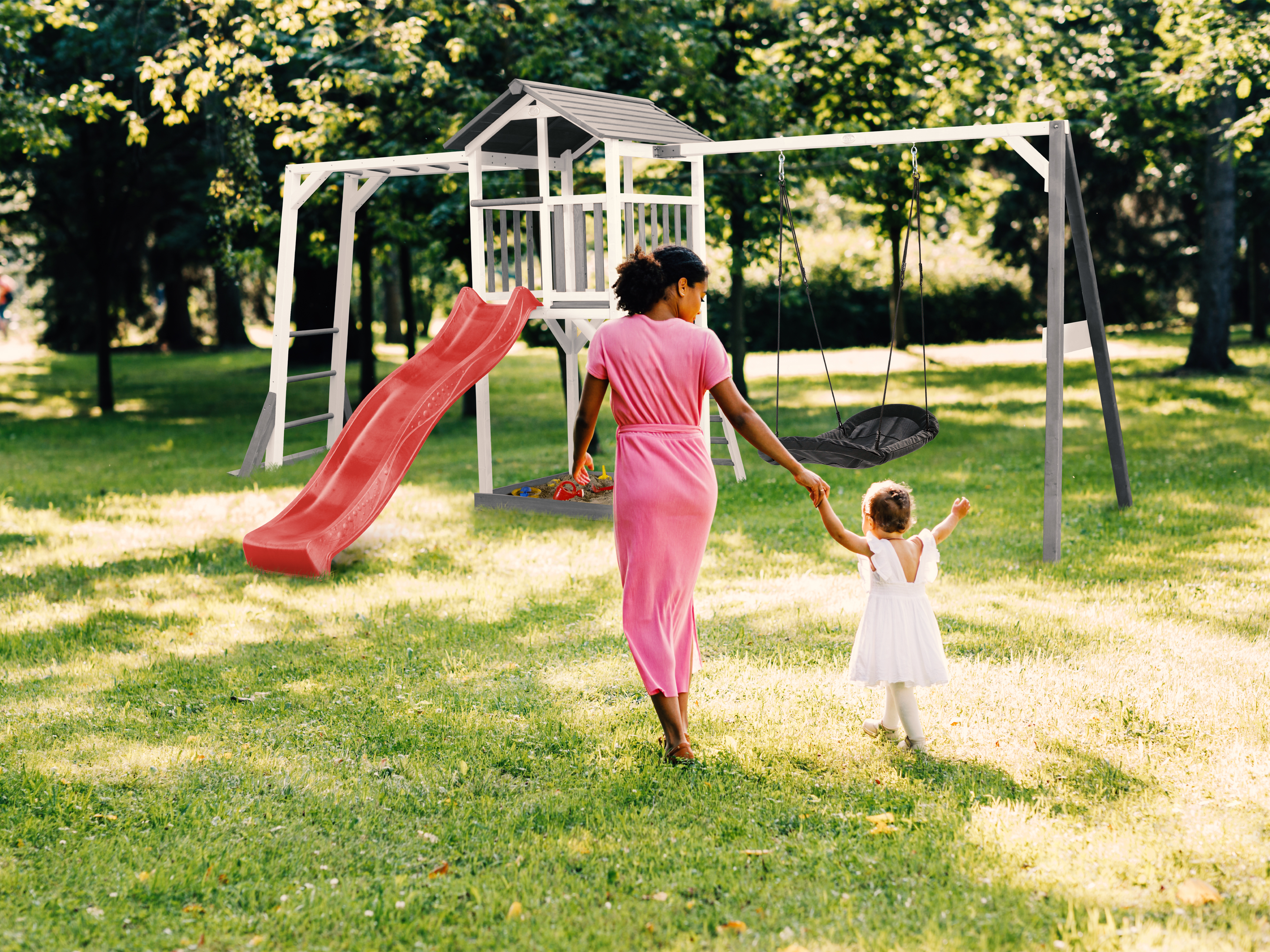AXI Beach Tower with Climbing Frame and Roxy Nest Swing Set Grey/White - Red Slide