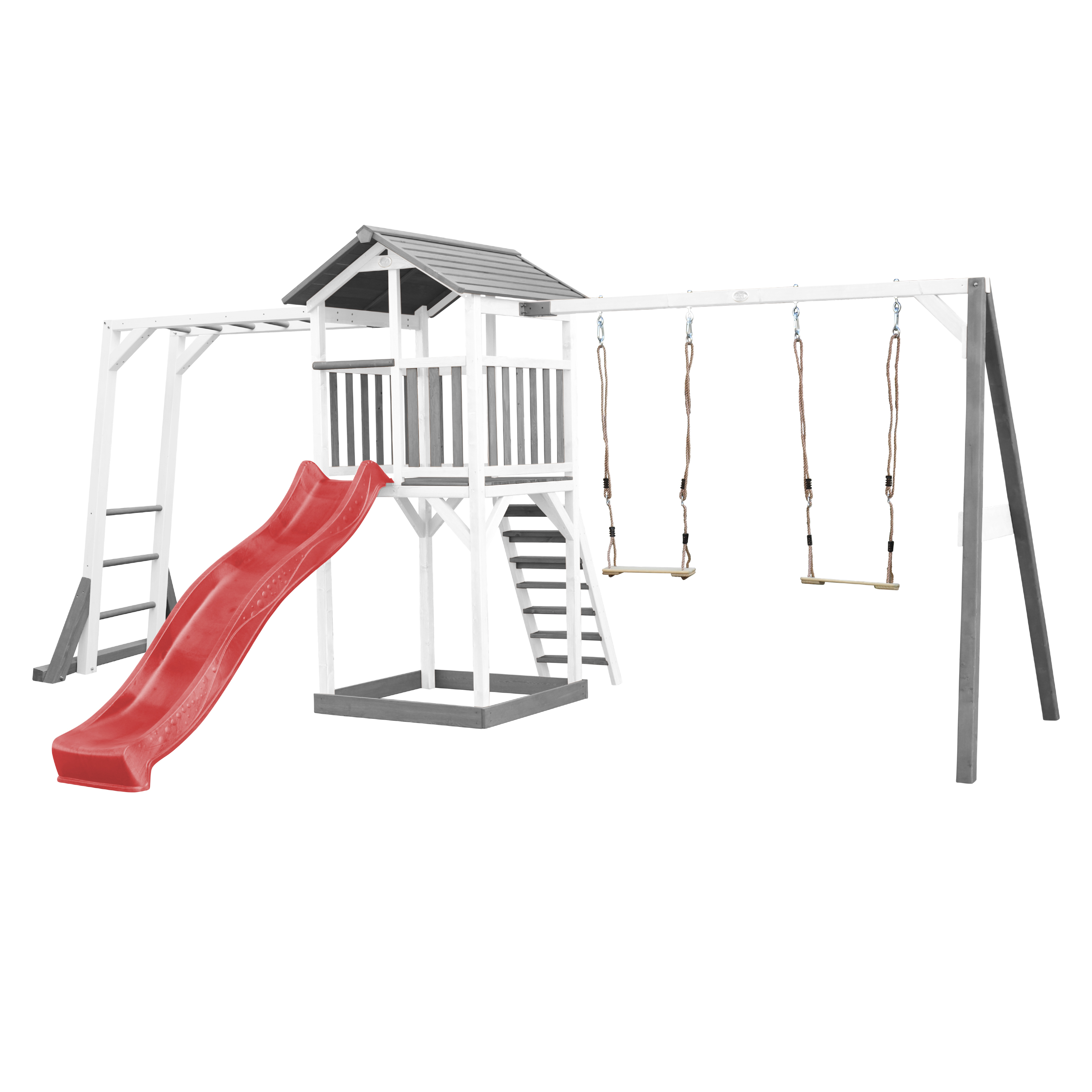 AXI Beach Tower with Climbing Frame and Double Swing Set Grey/White - Red Slide