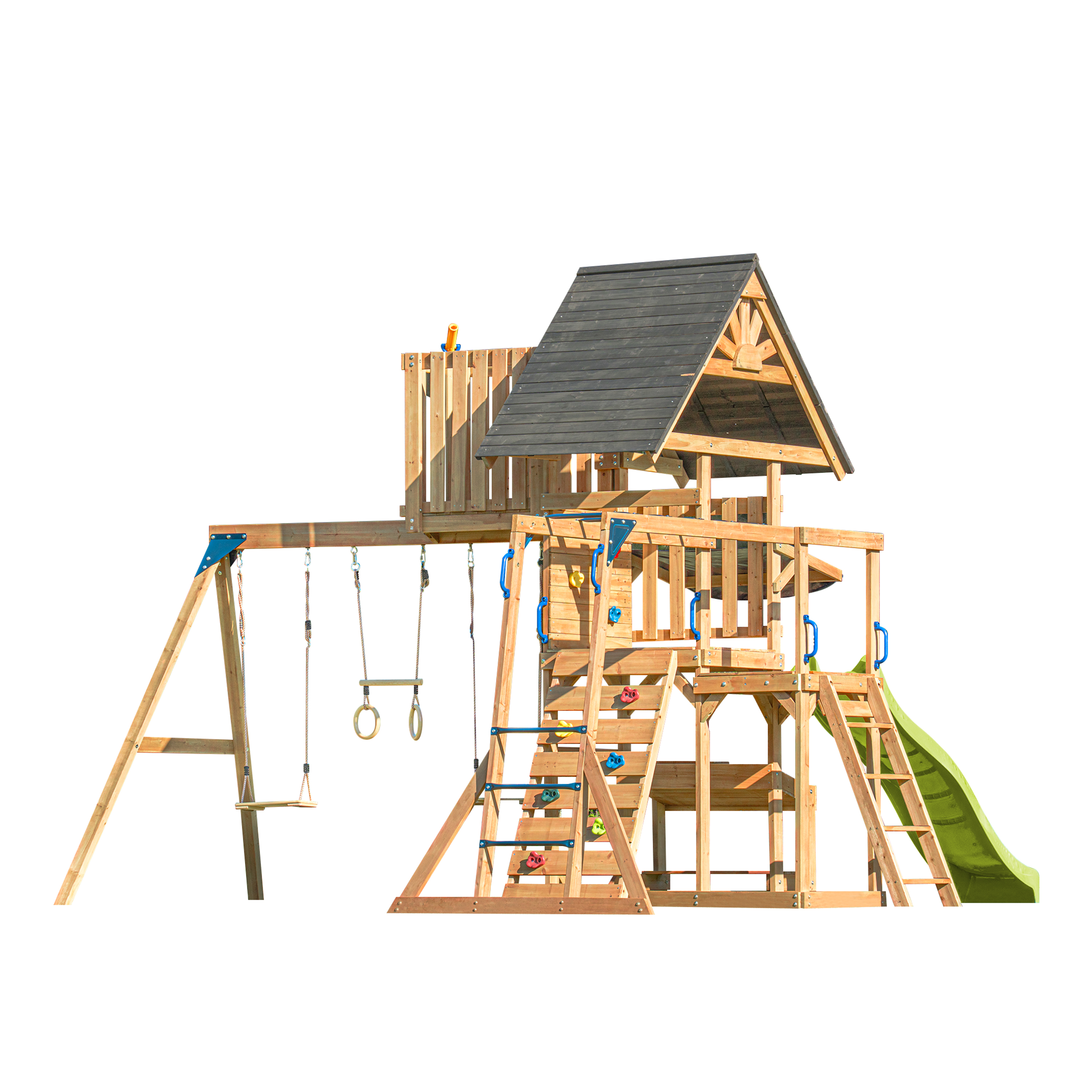 AXI Mitch Climbing Frame with Double Swing. Trapeze and Lookout Tower – Lime Green Slide