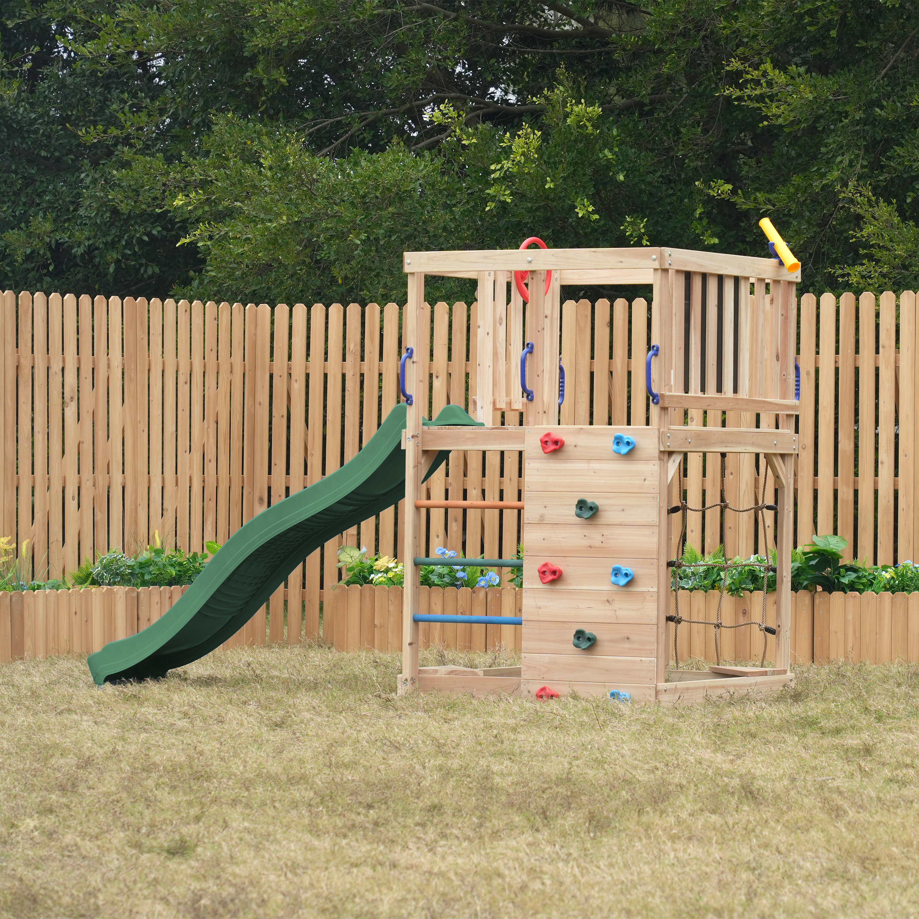 AXI Sam Climbing Frame with Climbing Wall, Climbing Net and Monkey Bars – Green Slide