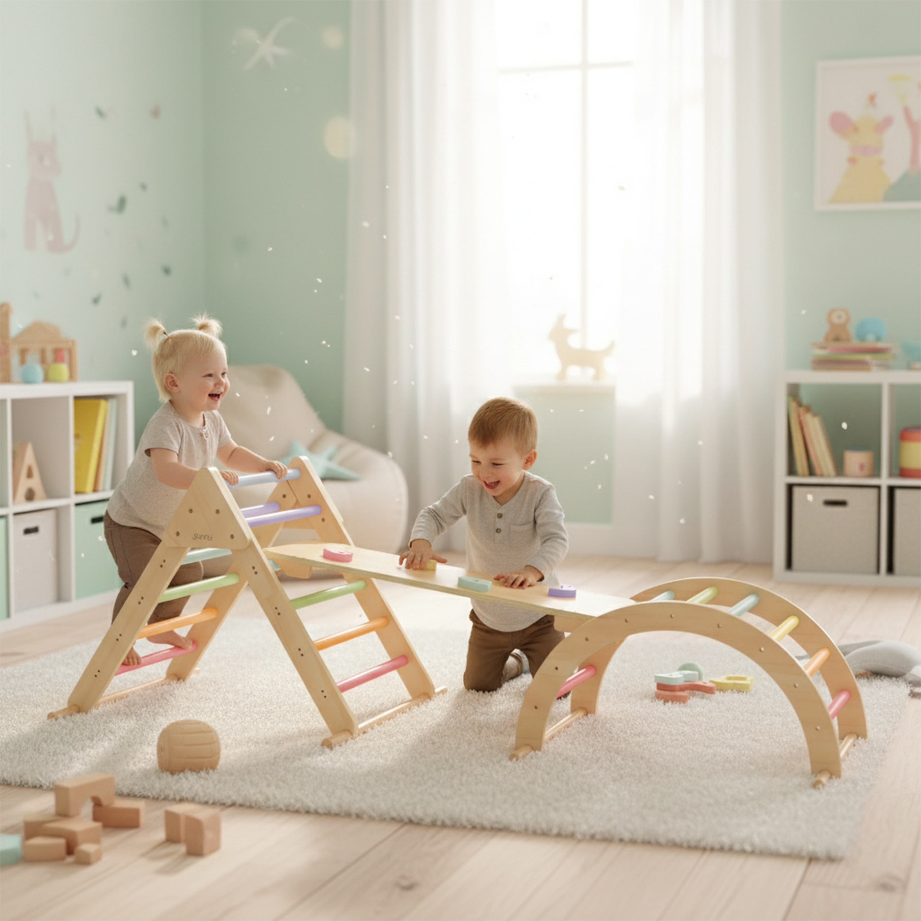 Sunny Charlie 3-in-1 Wooden Climbing Triangle with Climbing Wall and Rocker - Pastel