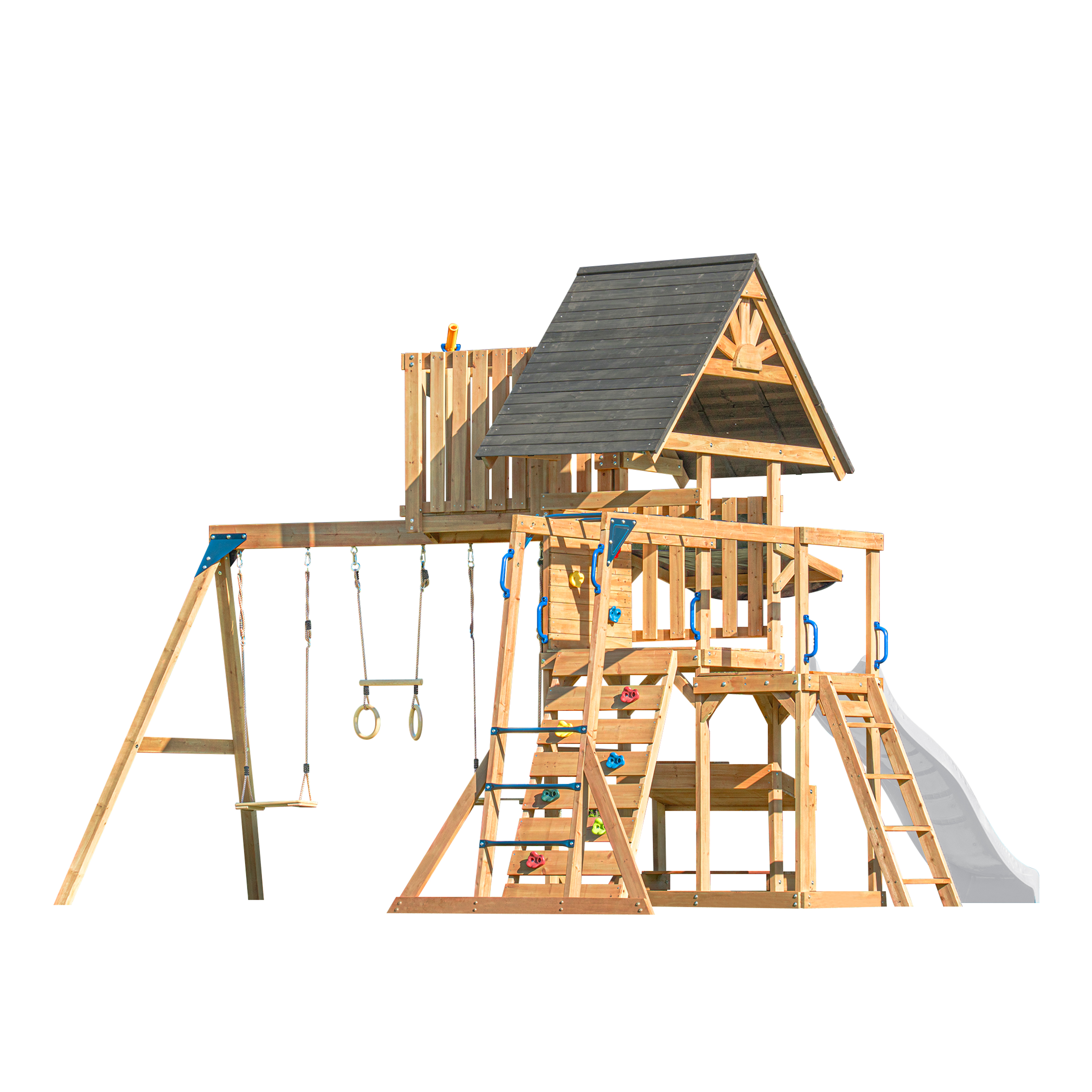 AXI Mitch Climbing Frame with Double Swing, Trapeze and Lookout Tower – White Slide