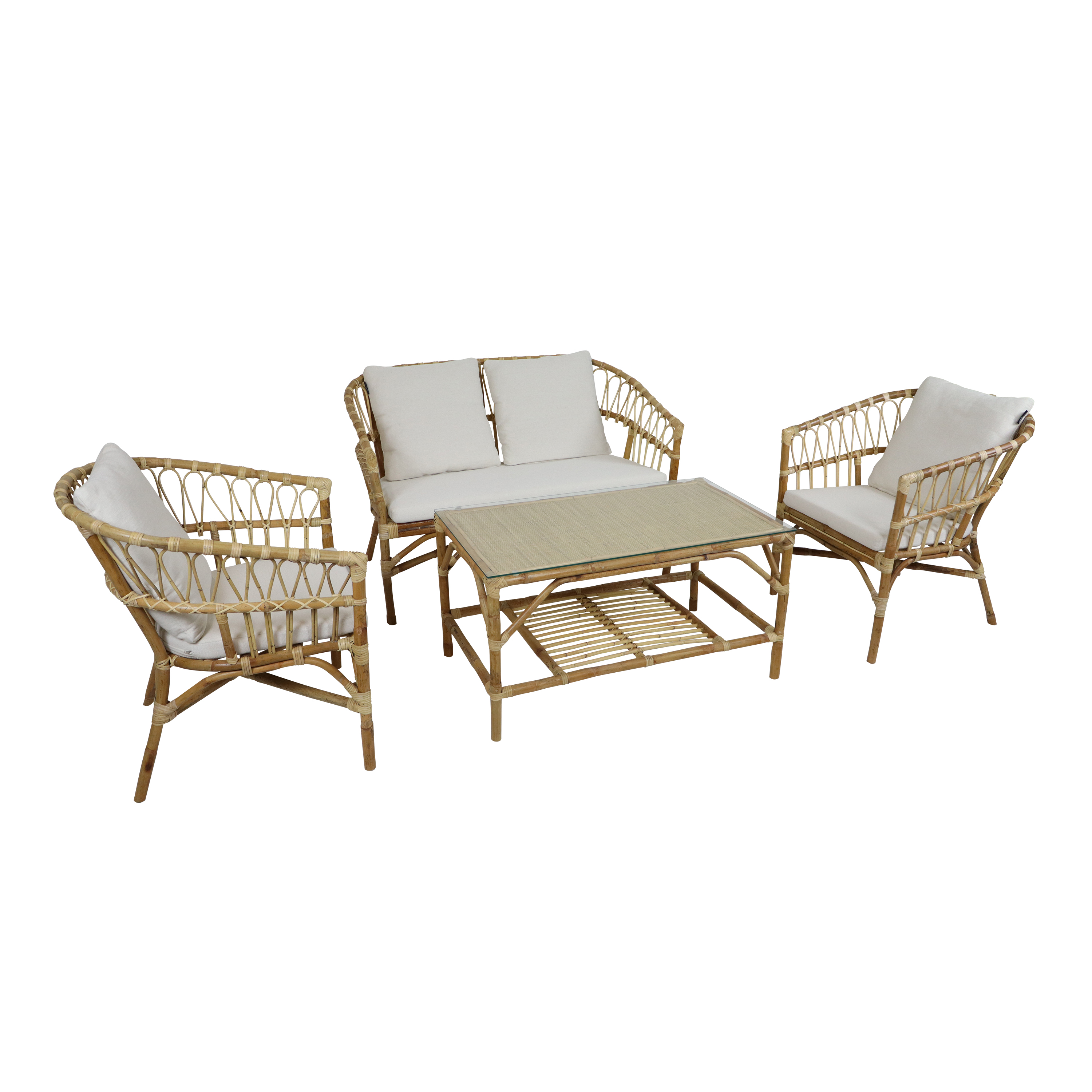 AXI Mary Rattan Lounge Set – 4-Piece with Sofa, Table, and 2 Chairs Natural/White-8720365066238 AXI Mary Rattan Lounge Set – 4-Piece with Sofa, Table, and 2 Chairs Natural/White