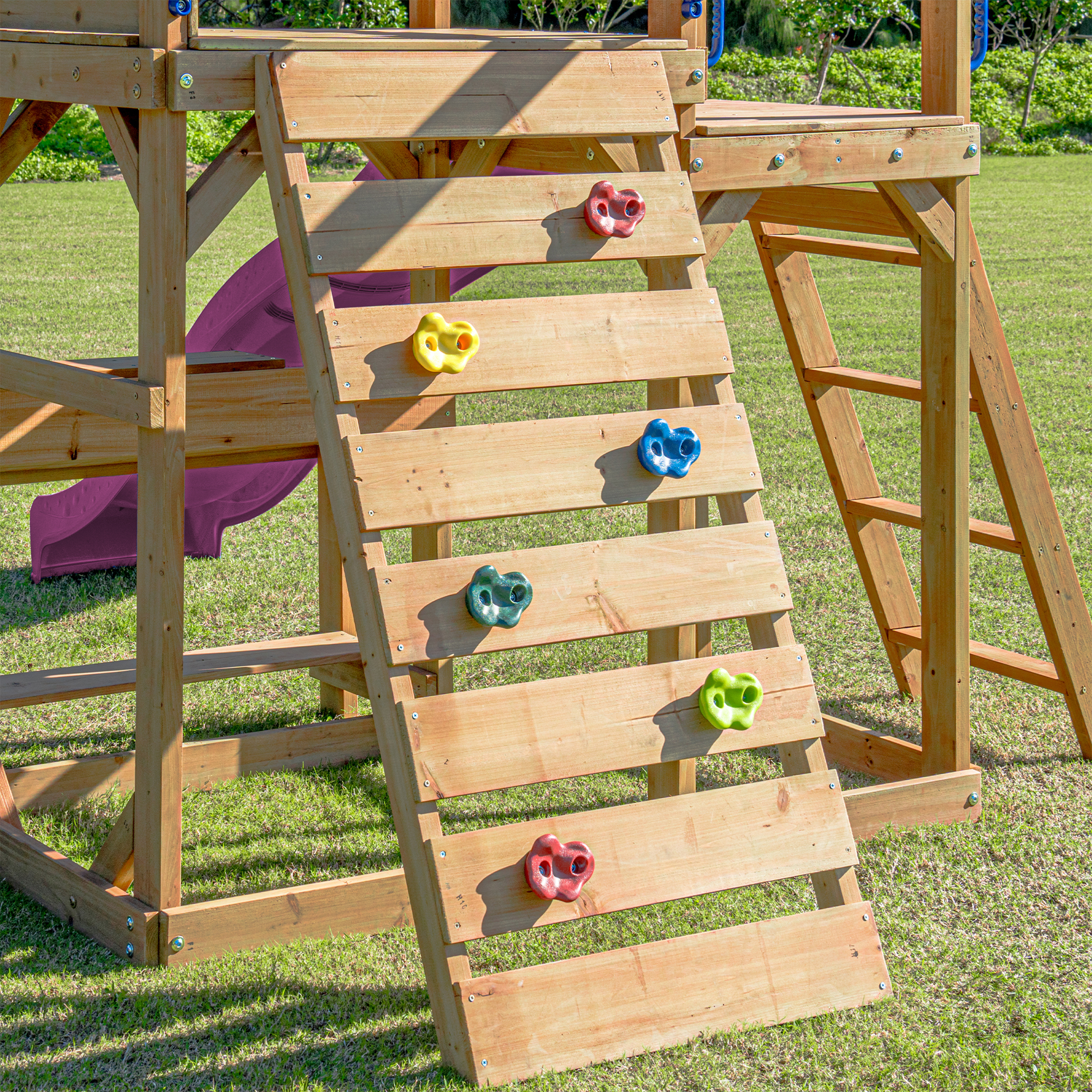 AXI Mitch Climbing Frame with Double Swing. Trapeze and Lookout Tower – Purple Slide