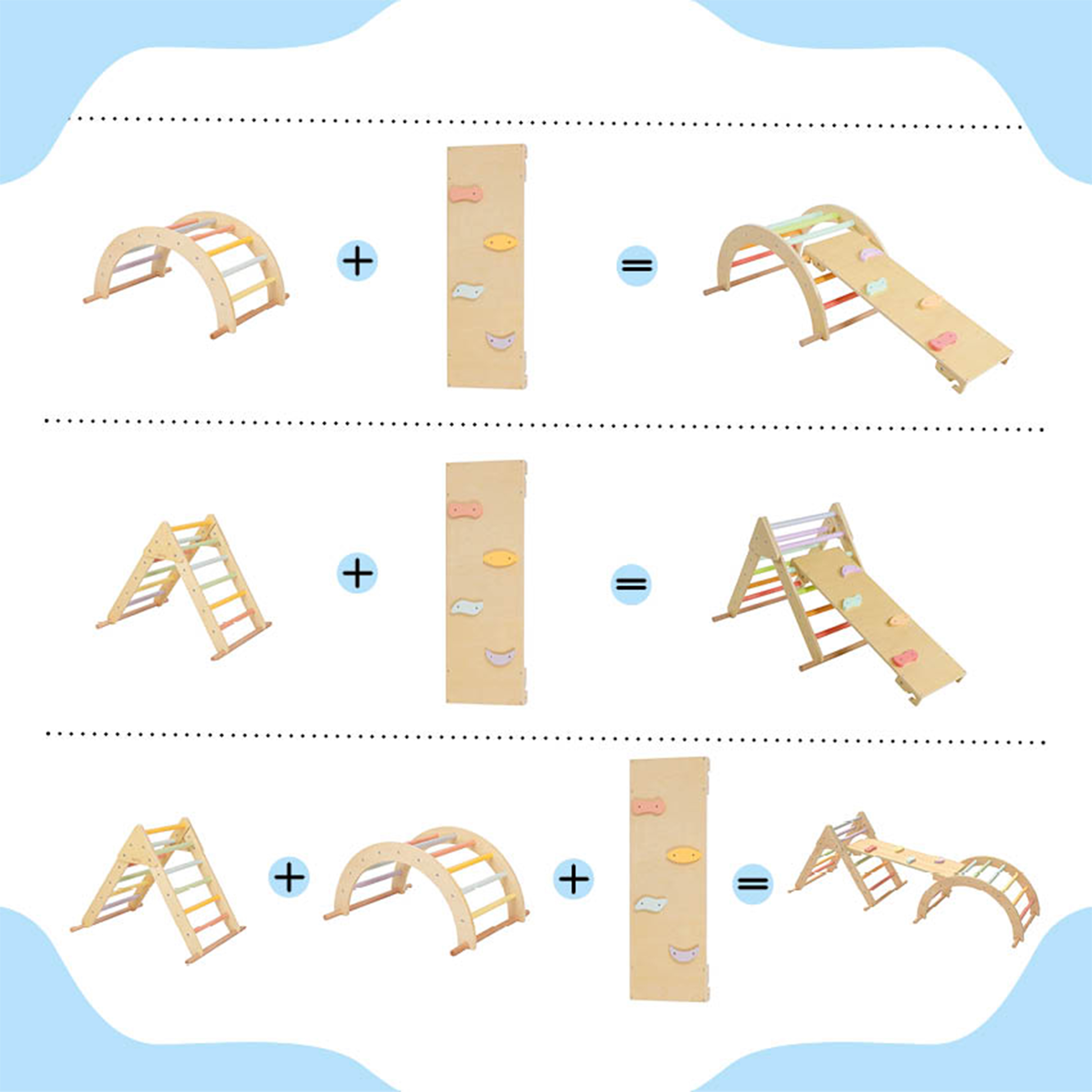 Sunny Charlie 3-in-1 Holz-Kletterdreieck mit Kletterwand und Wippe - Pastell