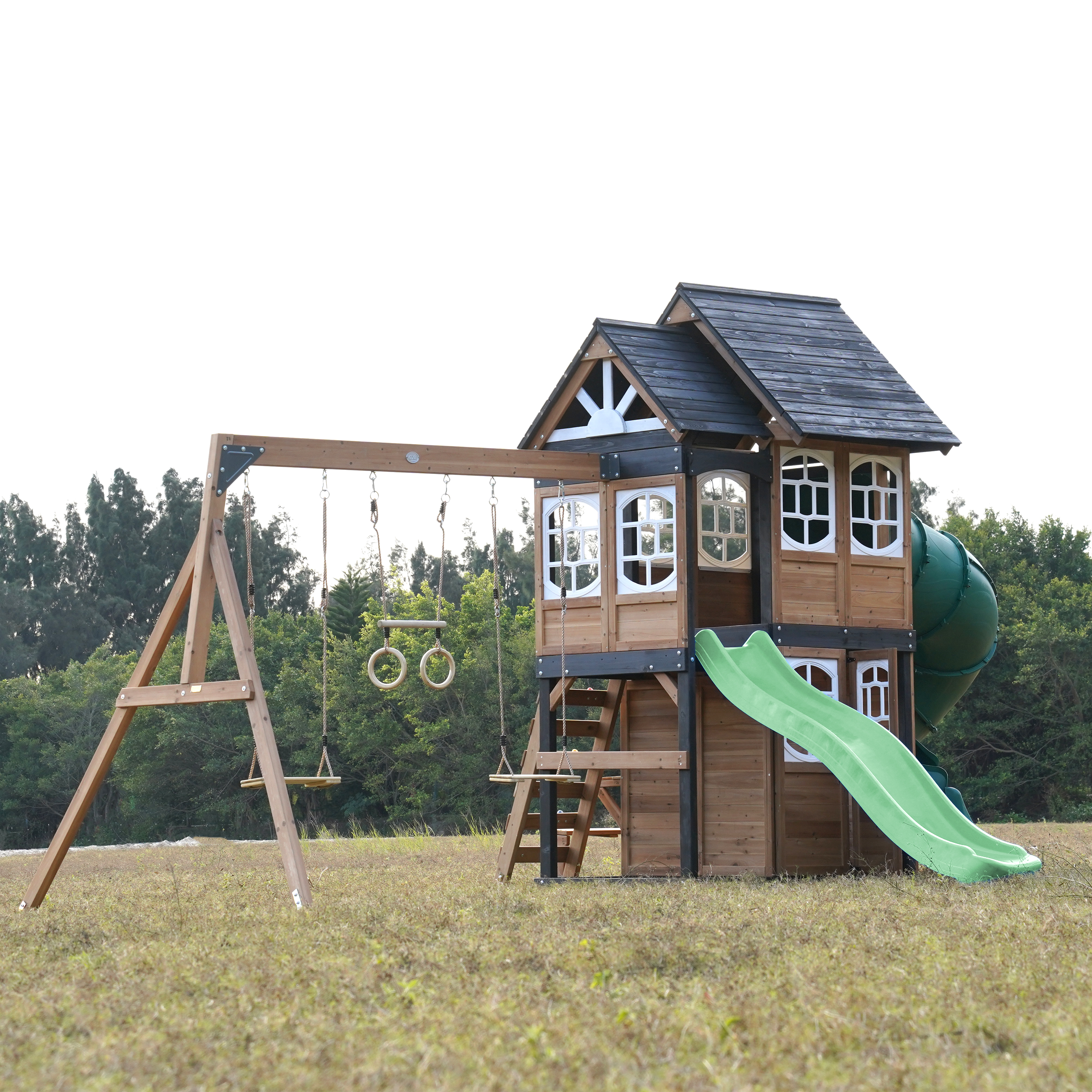 AXI Noud Climbing Frame with Playhouse, Swings, Trapeze and Climbing Wall – Pastel Green Slide and Tube Slide