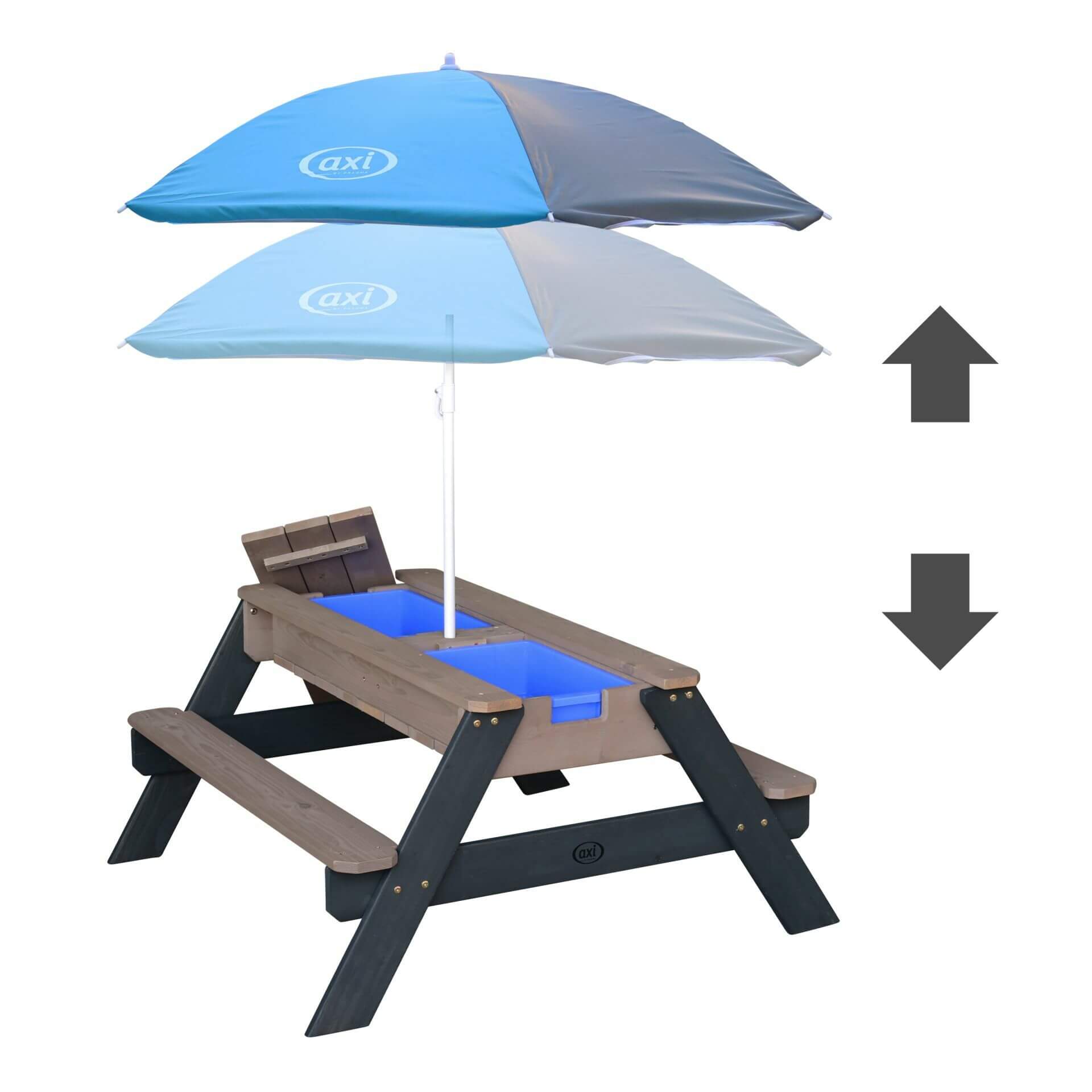 AXI Nick Sand und Wasser Picknicktisch Anthrazit und Grau - Sonnenschirm Grau und Blau