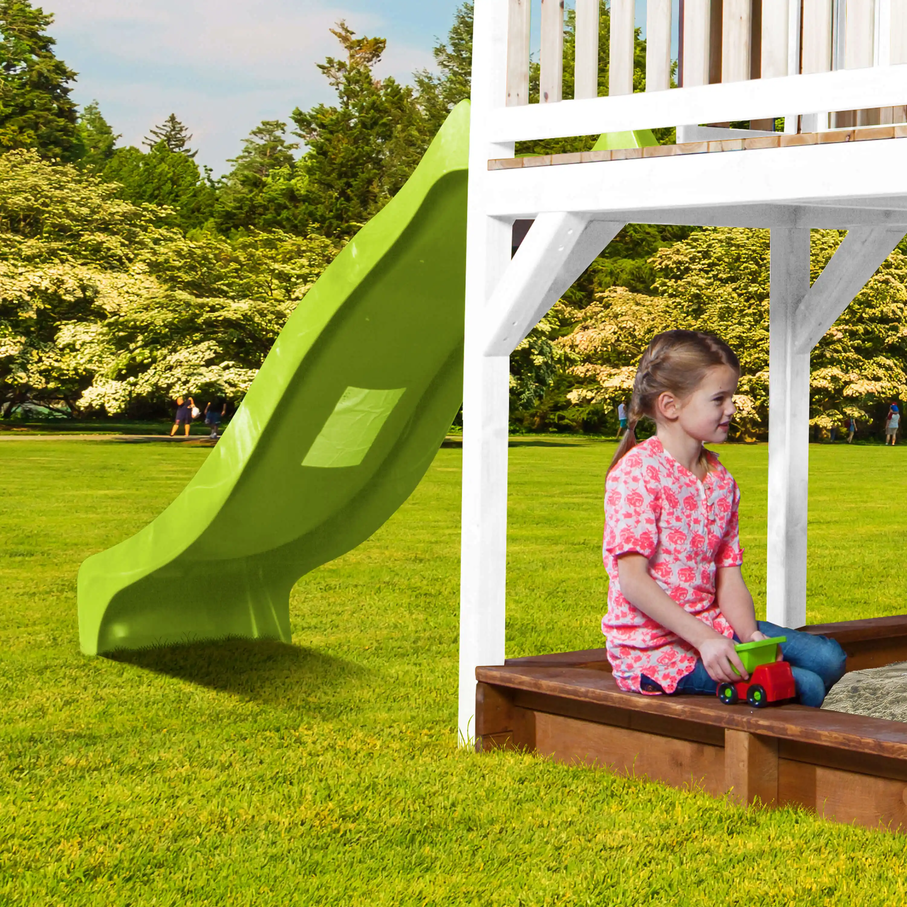 AXI Liam Speelhuis met Summer Nestschommel Bruin/wit - Limoen groene Glijbaan