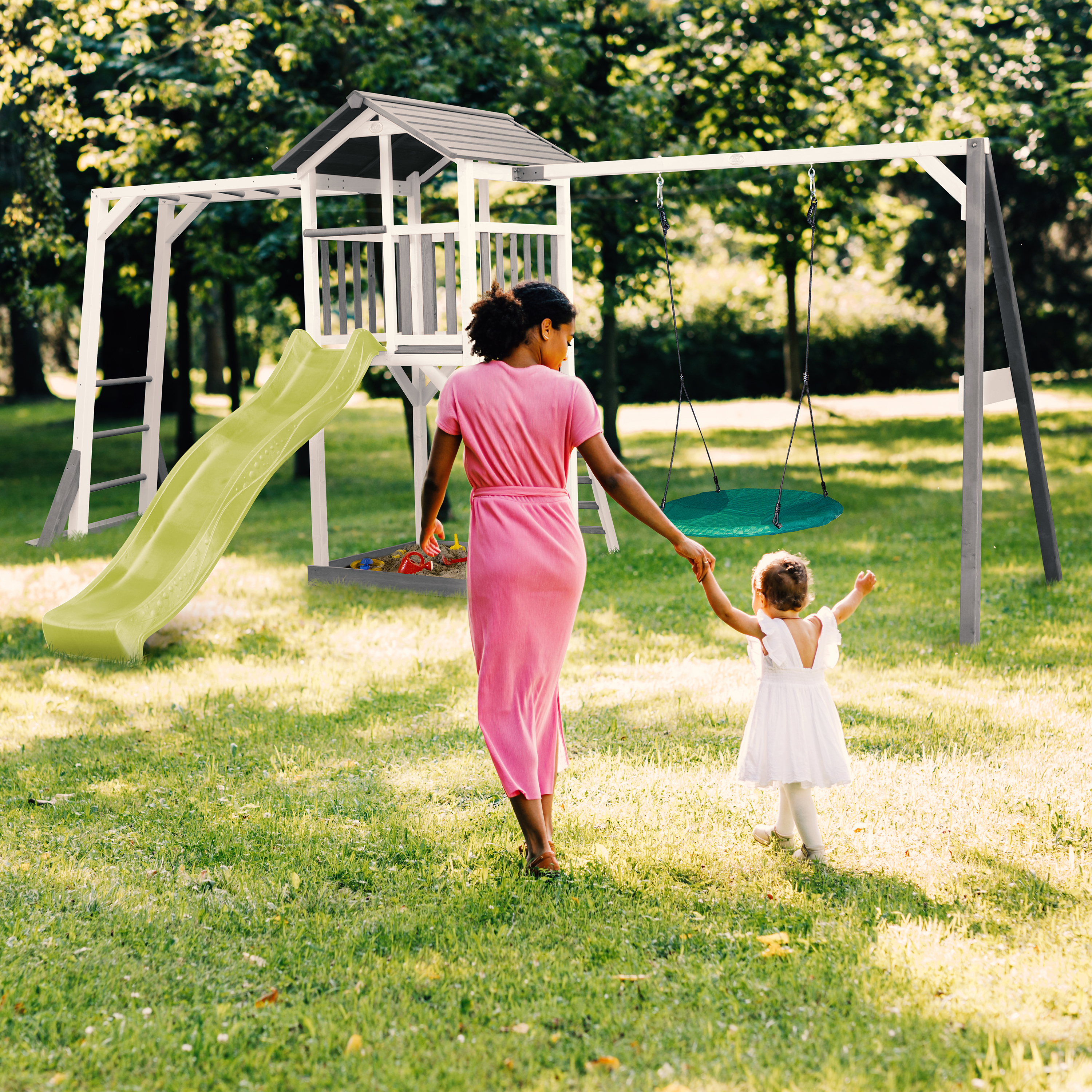 AXI Beach Tower with Climbing Frame and Summer Nest Swing Set Grey/White - Lime Green Slide