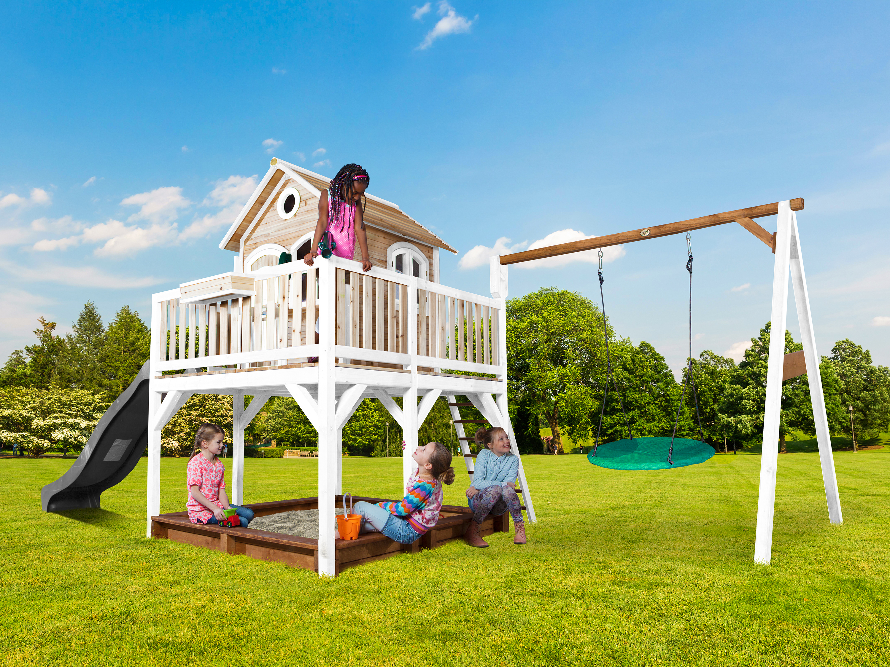 AXI Liam Playhouse with Summer Nest Swing Set Brown/White - Grey Slide-8717973937524 AXI Liam Playhouse with Summer Nest Swing Set Brown/White - Grey Slide