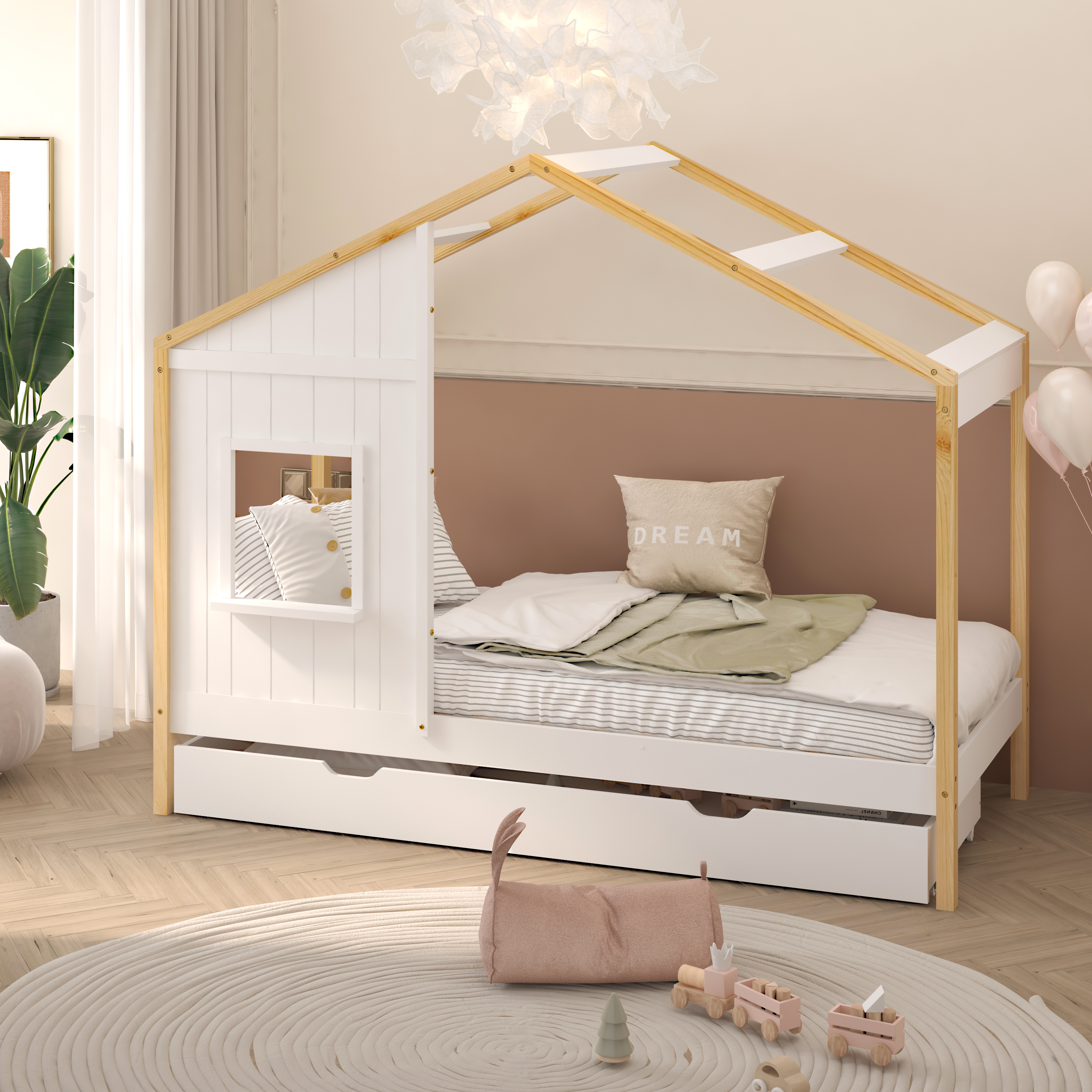 Sunny Beau House Bed with Storage Drawer Brown/White – Without Mattress