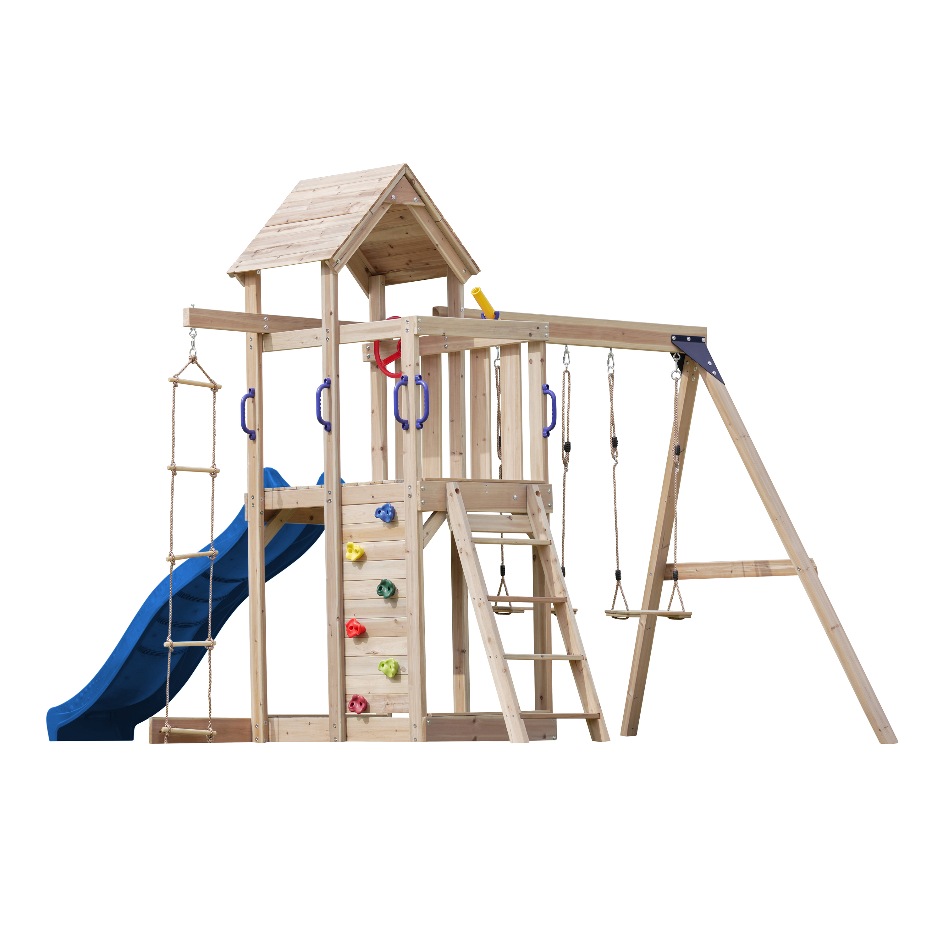 AXI Moos Play Set with Double Swing and Rope Ladder Brown - Blue Slide -8720365062100 AXI Moos Play Set with Double Swing and Rope Ladder Brown - Blue Slide