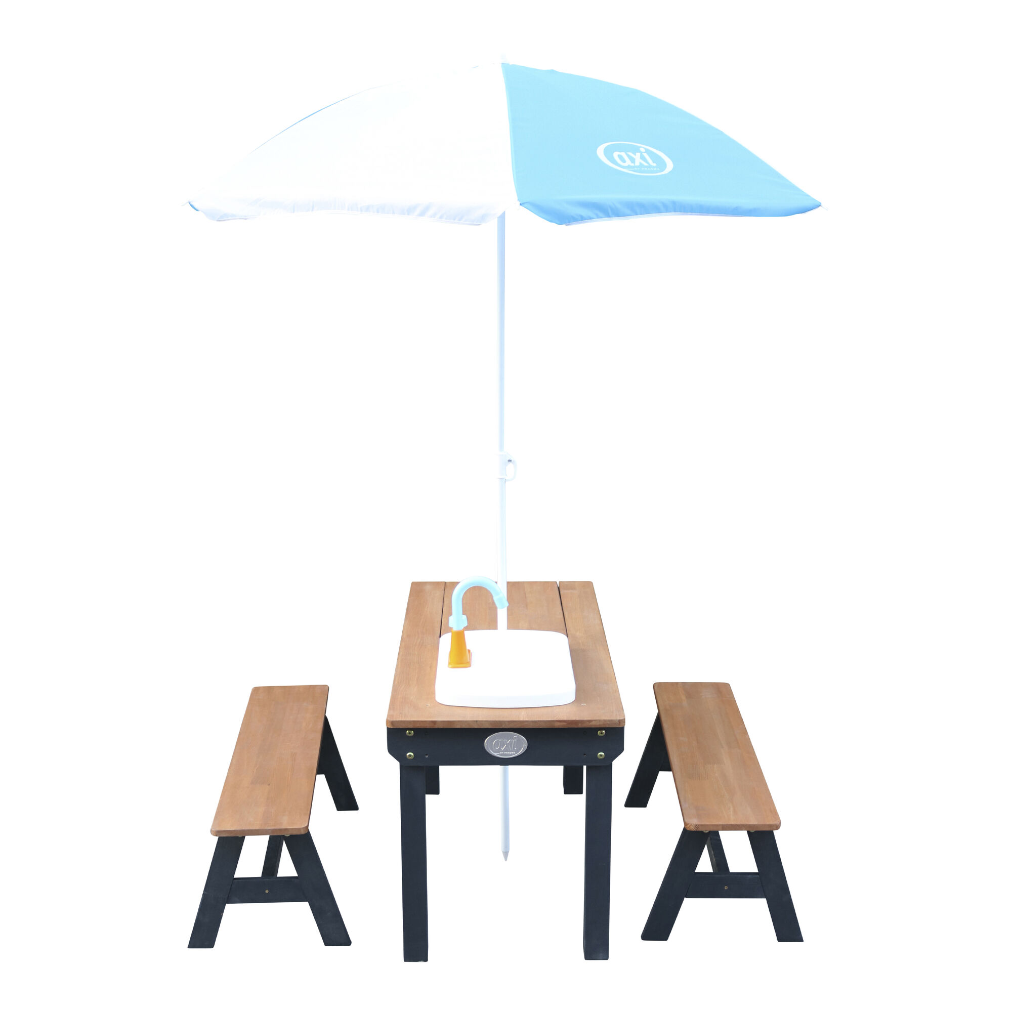 productfoto AXI Dennis Zand & Water Picknicktafel met Speelkeuken wastafel en losse bankjes Antraciet/bruin - Parasol Blauw/wit