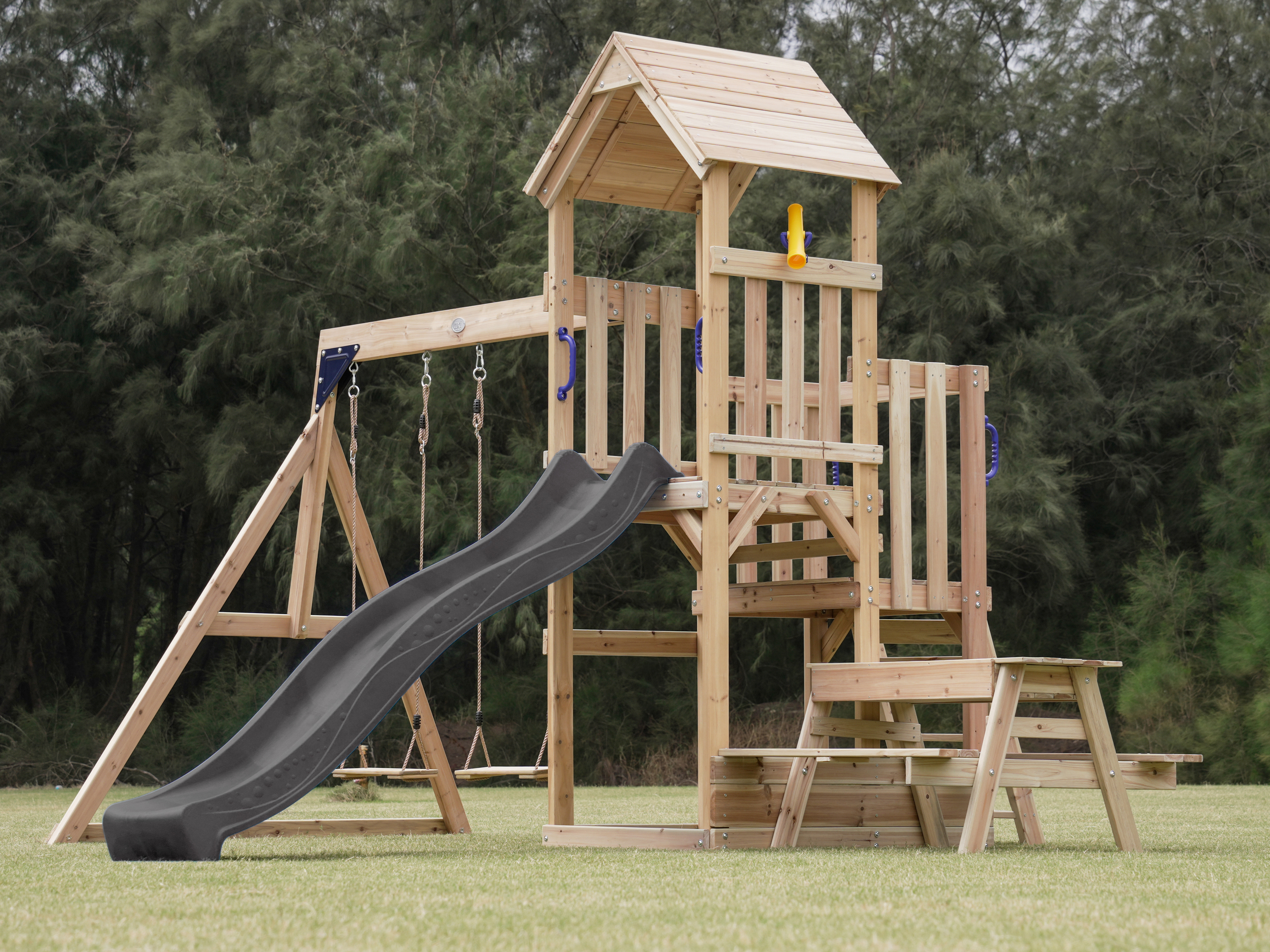 AXI Mette Spielturm mit Doppelschaukel Braun - Graue Rutsche