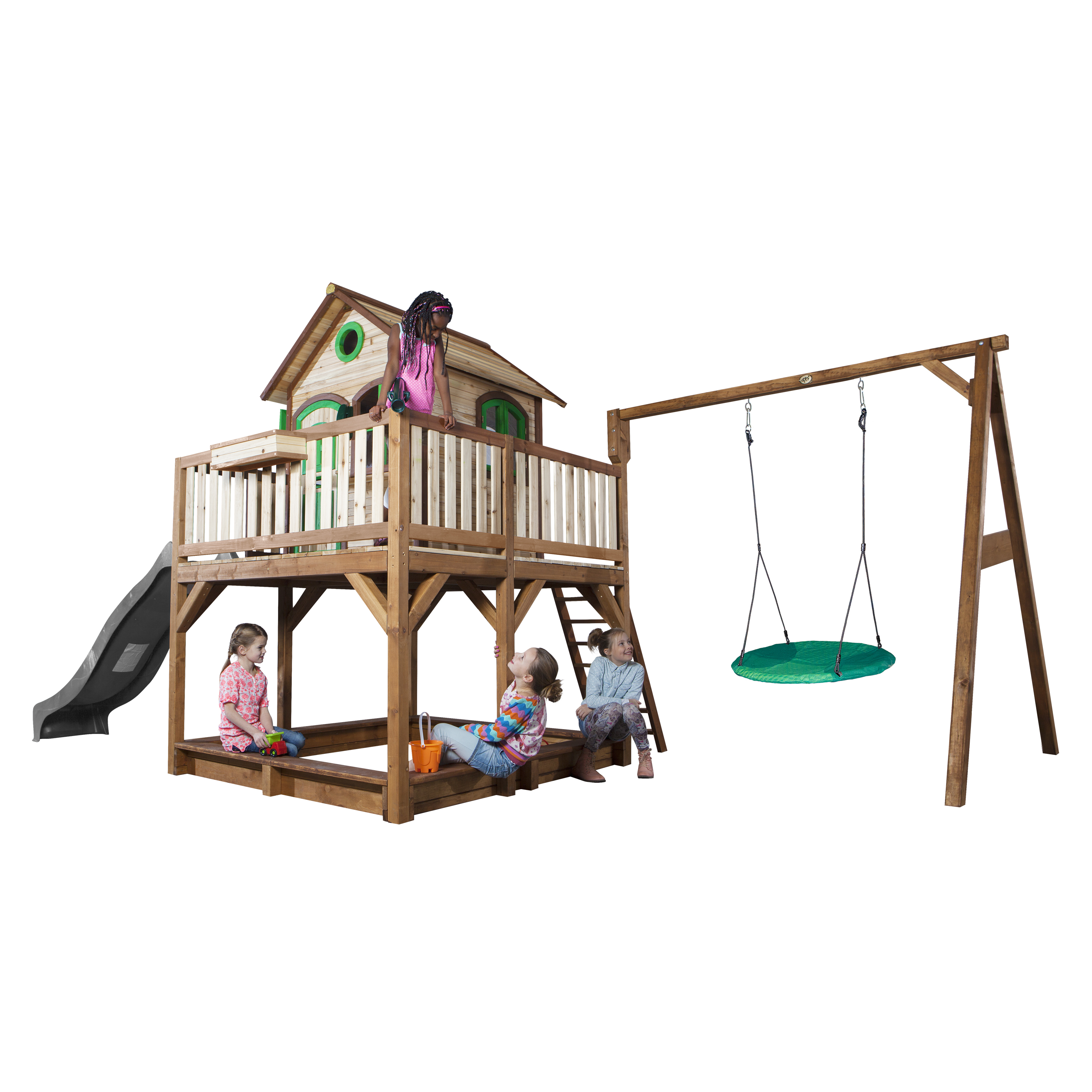 AXI Liam Playhouse with Summer Nest Swing Set Brown/Green - Grey Slide