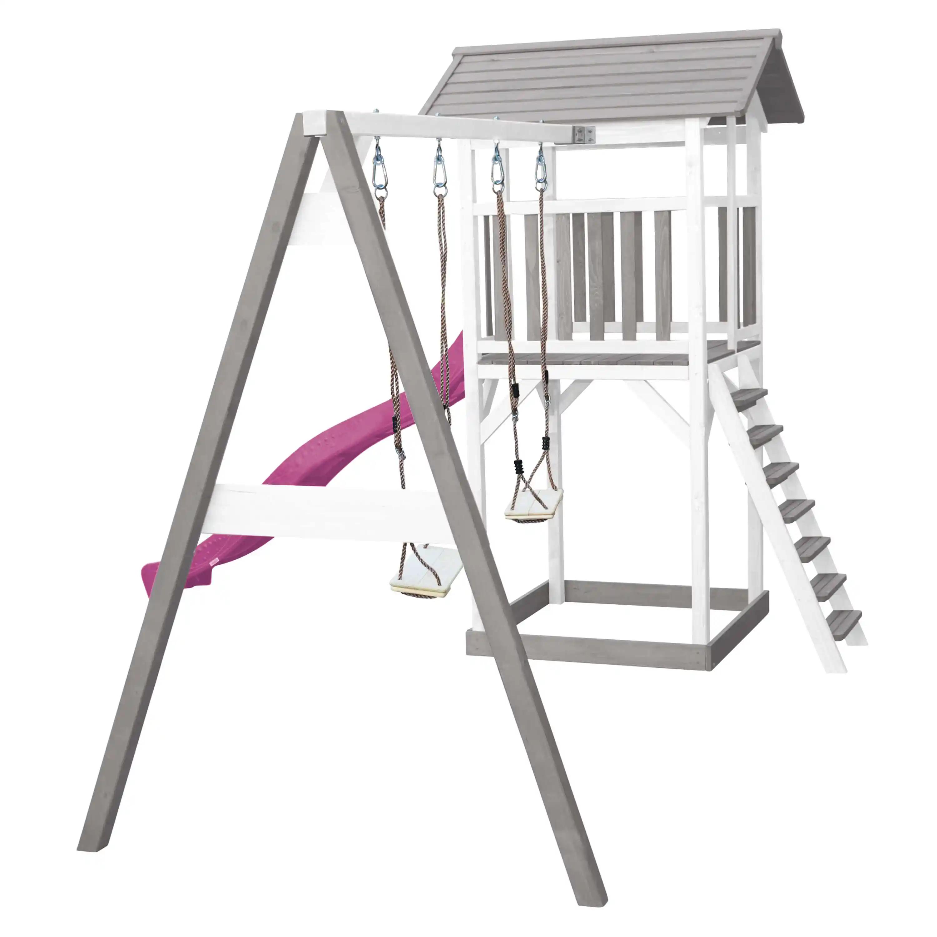 AXI Beach Tower Speeltoren met Dubbele Schommel Grijs/wit - Paarse glijbaan