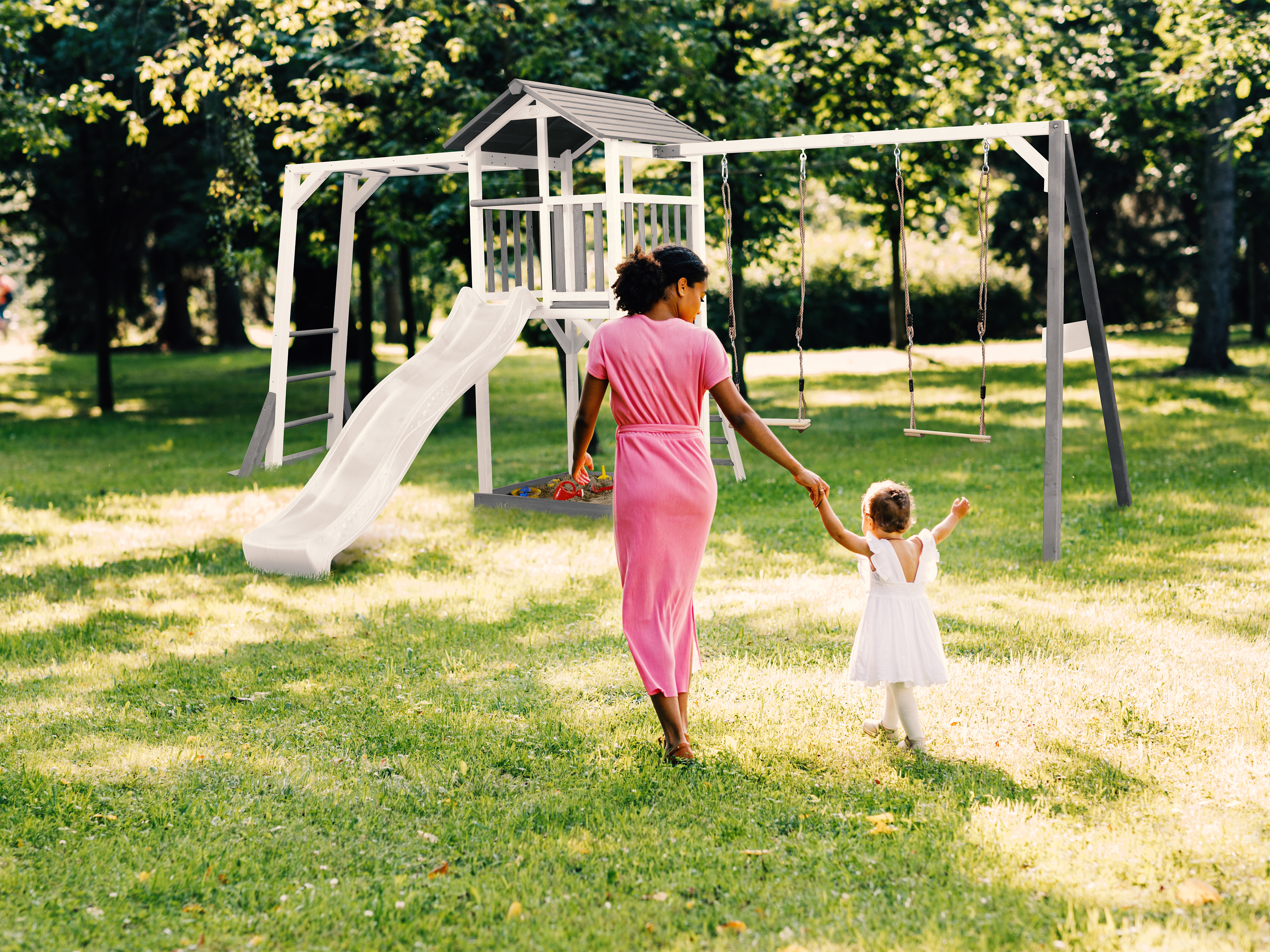 AXI Beach Tower with Climbing Frame and Double Swing Set Grey/White - White Slide