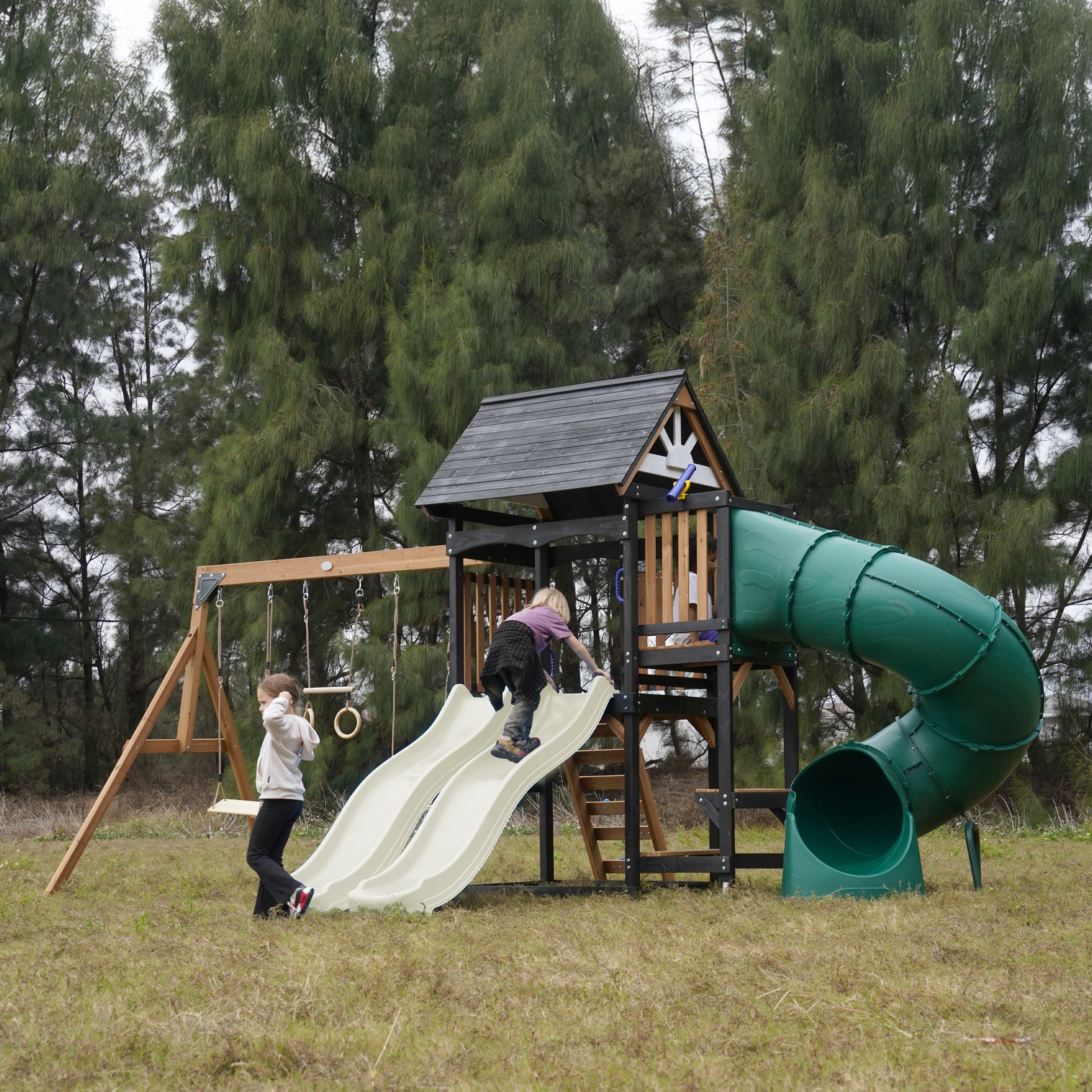 AXI Cody Climbing Frame with Swings, Trapeze and Climbing Wall – Cream Double Slide and Tube Slide