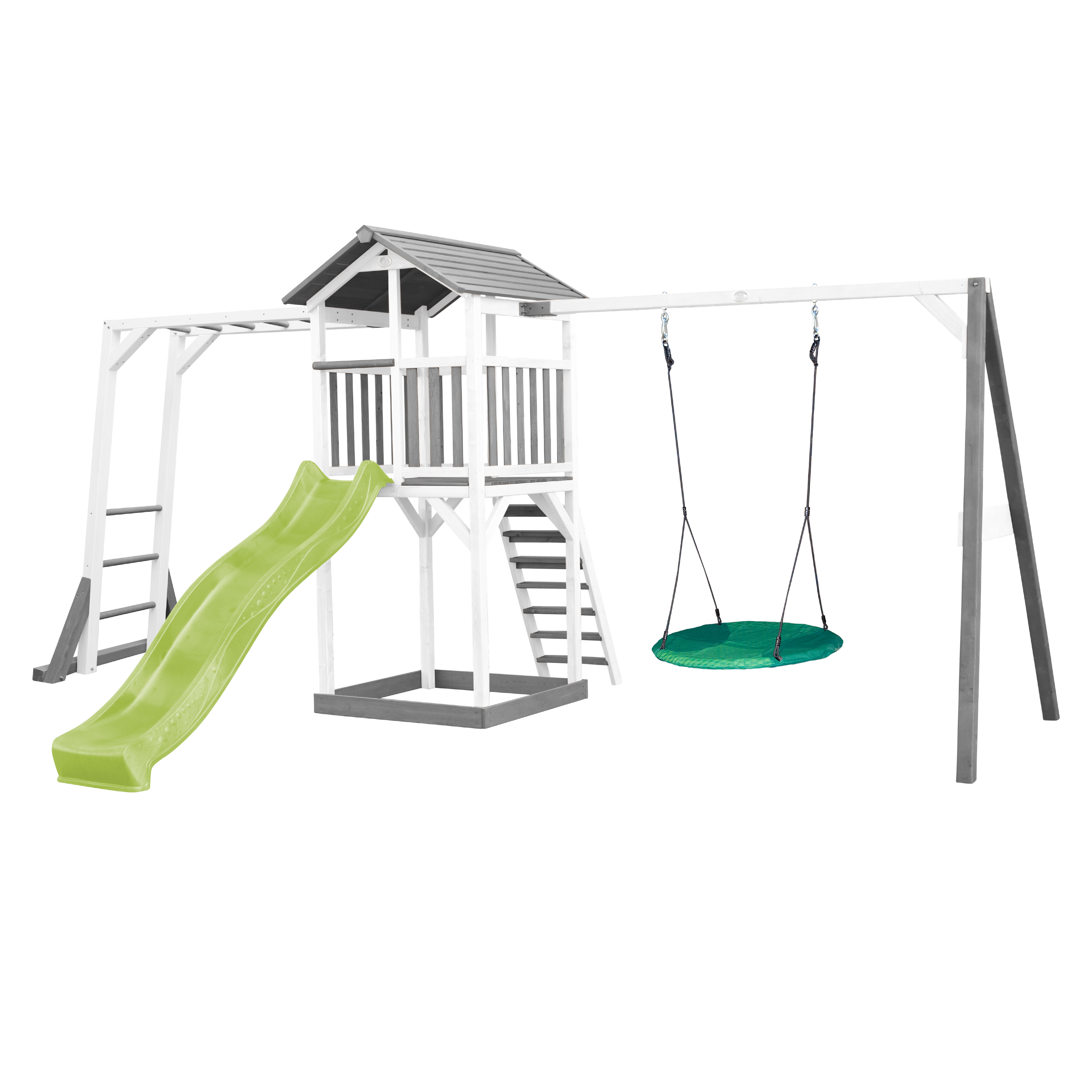 AXI Beach Tower with Climbing Frame and Summer Nest Swing Set Grey/White - Lime Green Slide
