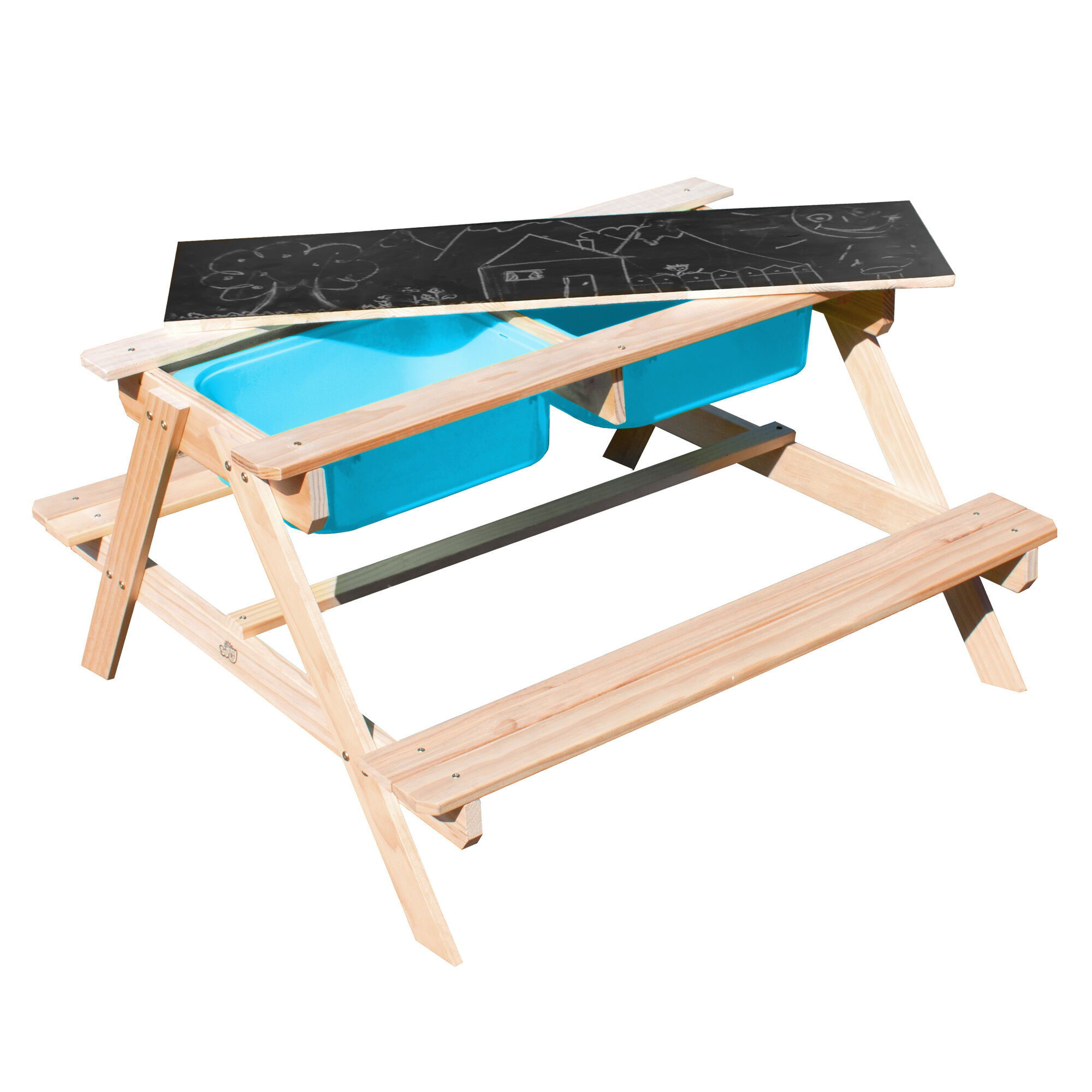 Sunny Dual Top 2.0 Sand und Wasser Picknicktisch - Mit Kreidetafel und blauen Behältern