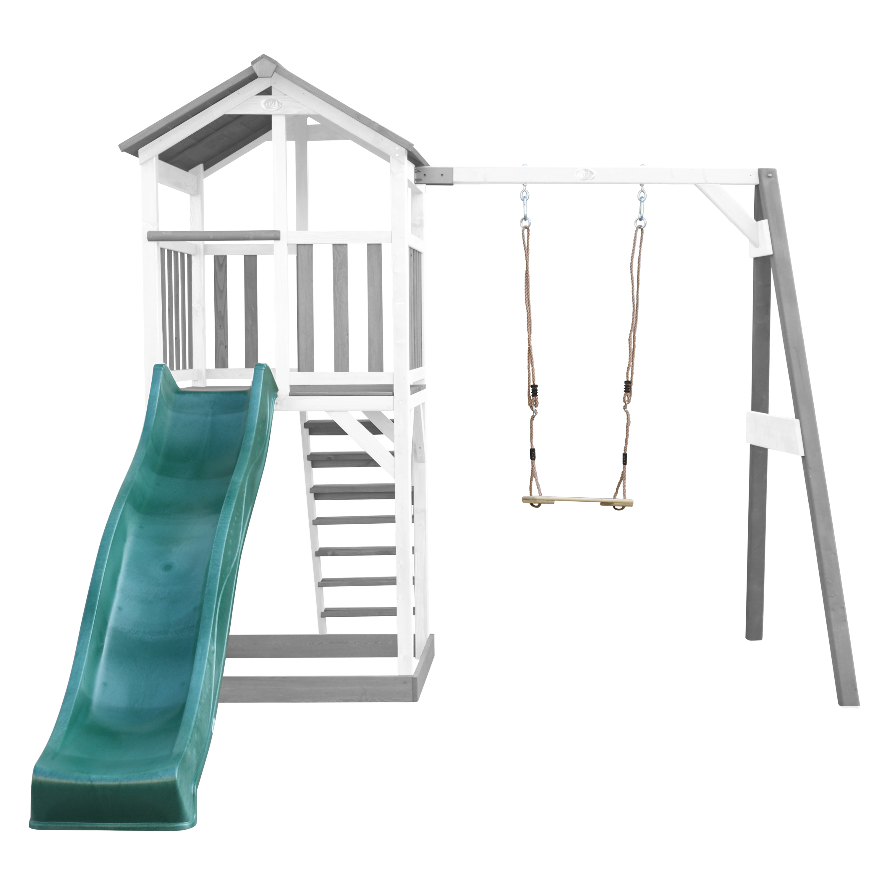 AXI Beach Tower with Single Swing Set Grey/White - Green Slide-8720365060038 AXI Beach Tower with Single Swing Set Grey/White - Green Slide