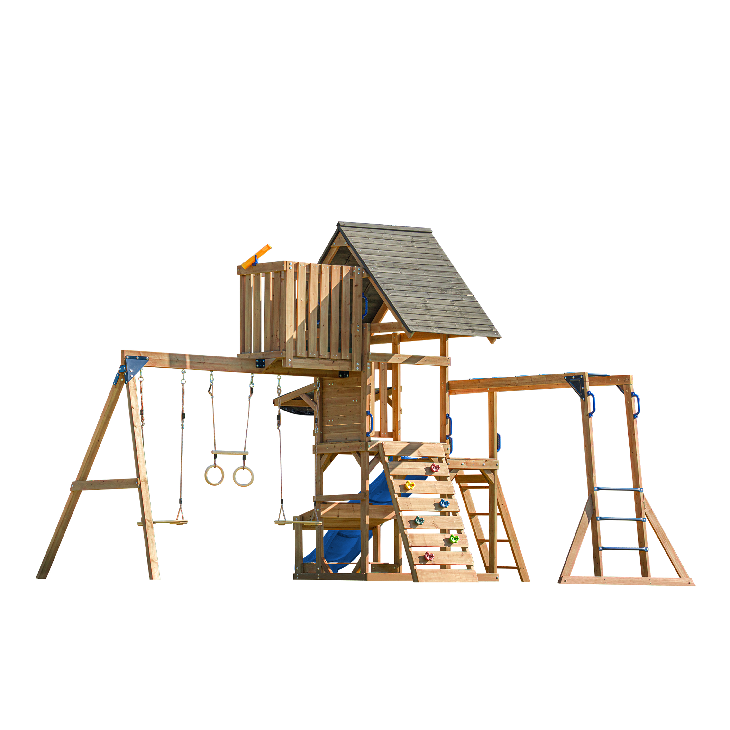 AXI Mitch Climbing Frame with Double Swing. Trapeze and Lookout Tower – Blue Slide