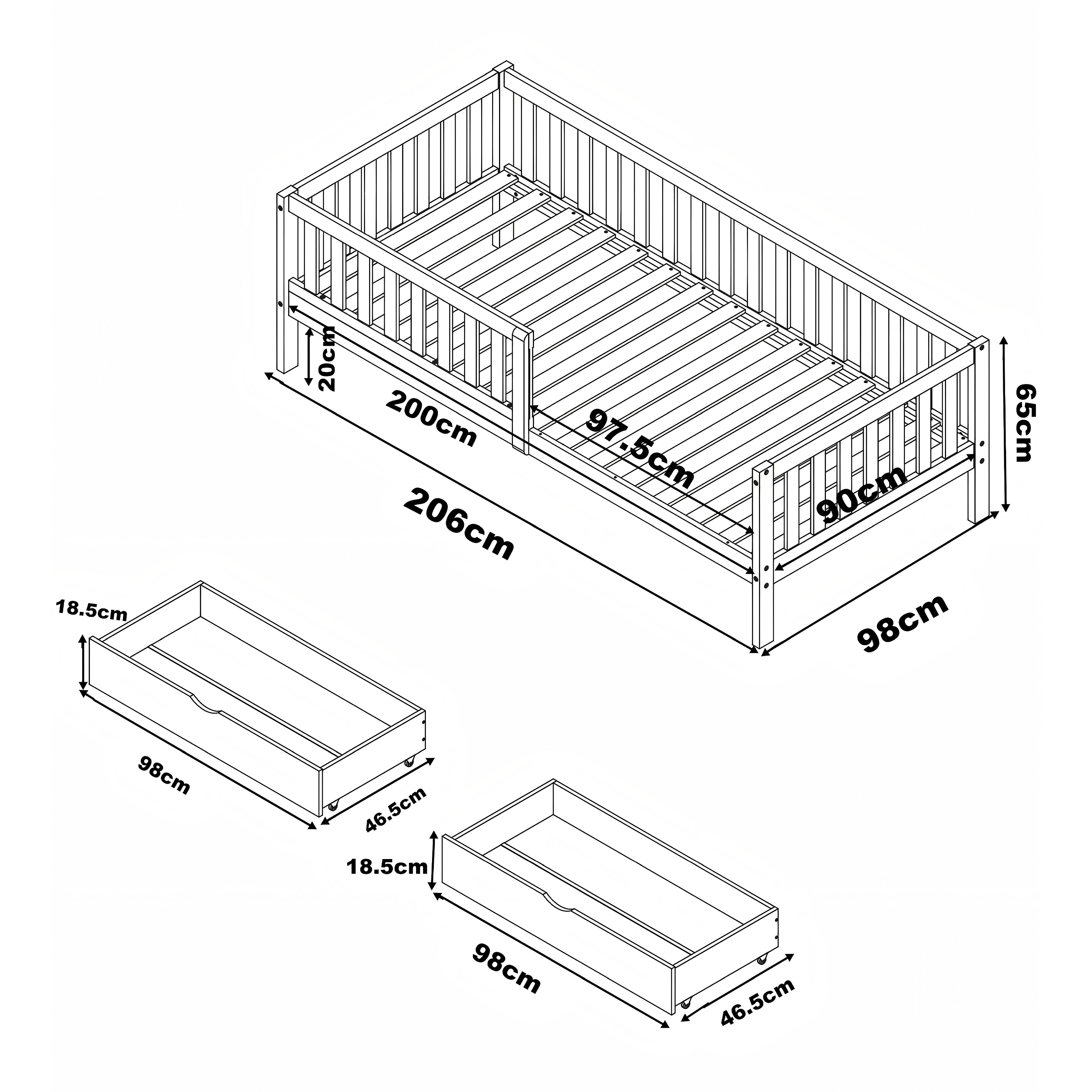 Sunny Isa Kids Bed with 2 Storage Drawers and Guardrail White – Without Mattress