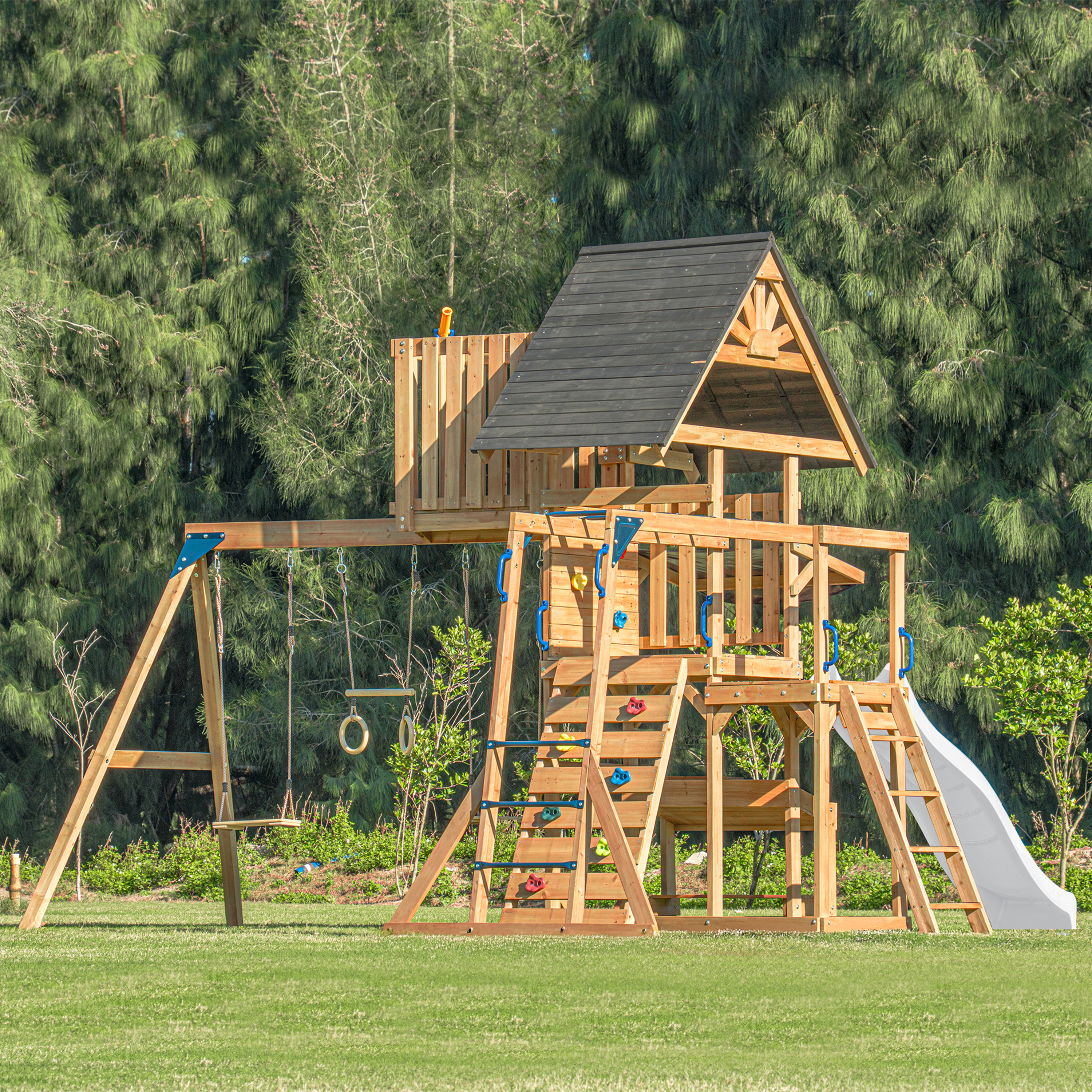 AXI Mitch Climbing Frame with Double Swing, Trapeze and Lookout Tower – White Slide