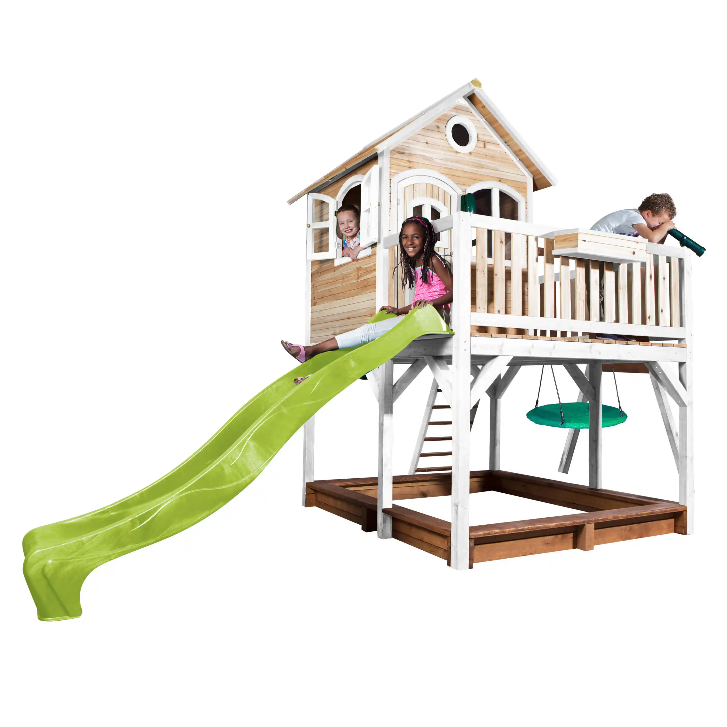 AXI Liam Speelhuis met Summer Nestschommel Bruin/wit - Limoen groene Glijbaan