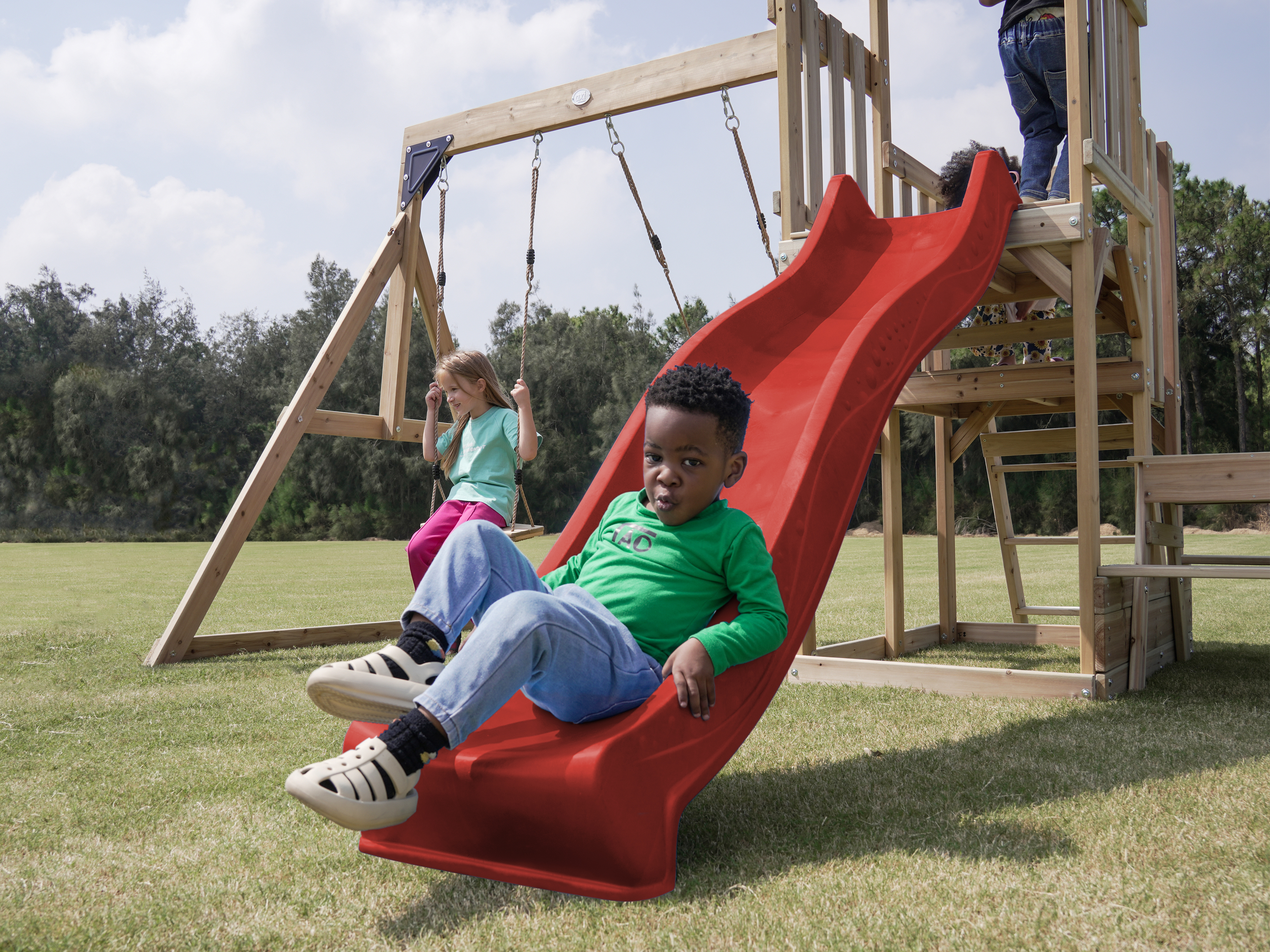 AXI Mette Climbing Frame with Double Swing Set and Picnic Table - Red Slide