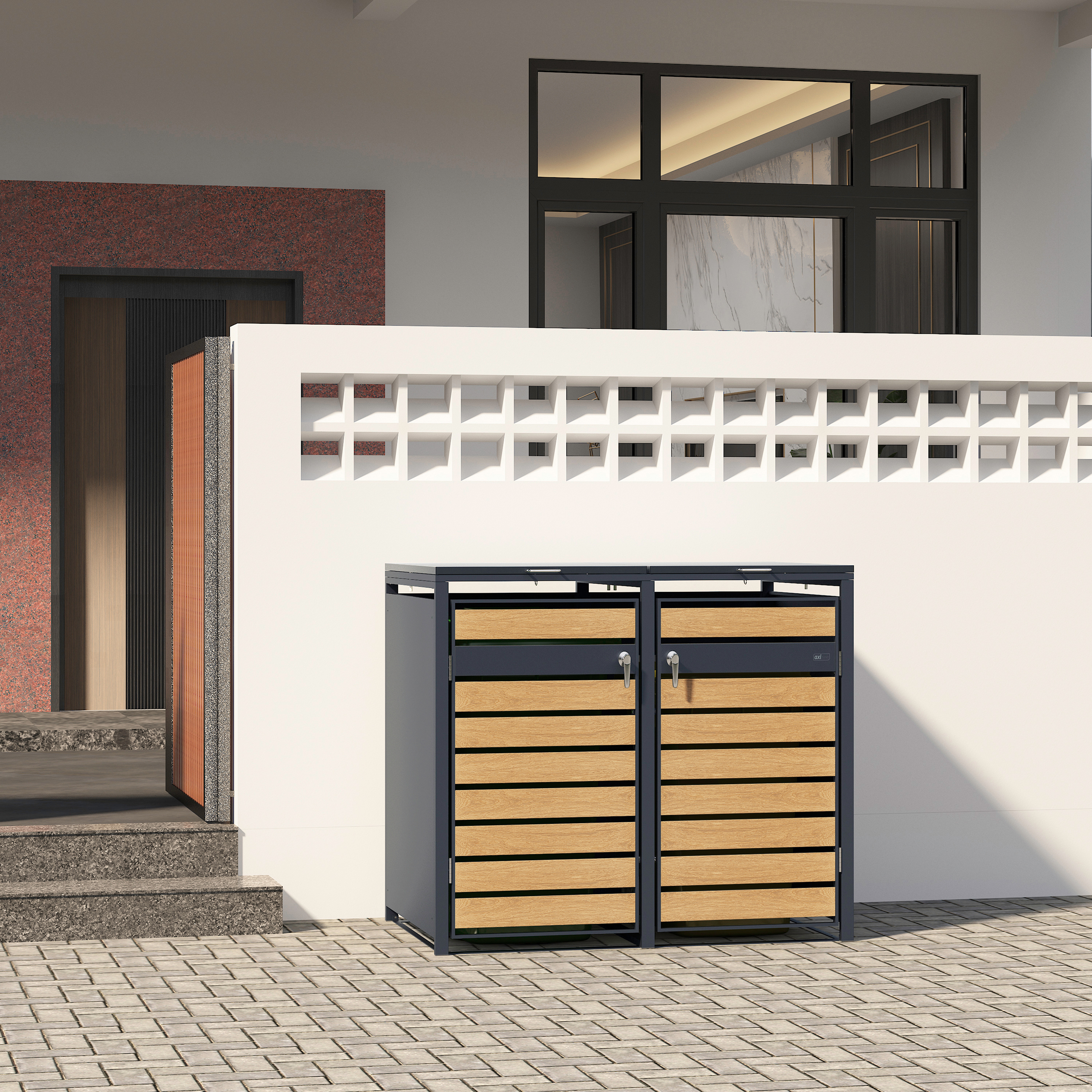 AXI Lucas Metal Garbage Bin Shed Anthracite/Wood look - 2 Garbage Bins