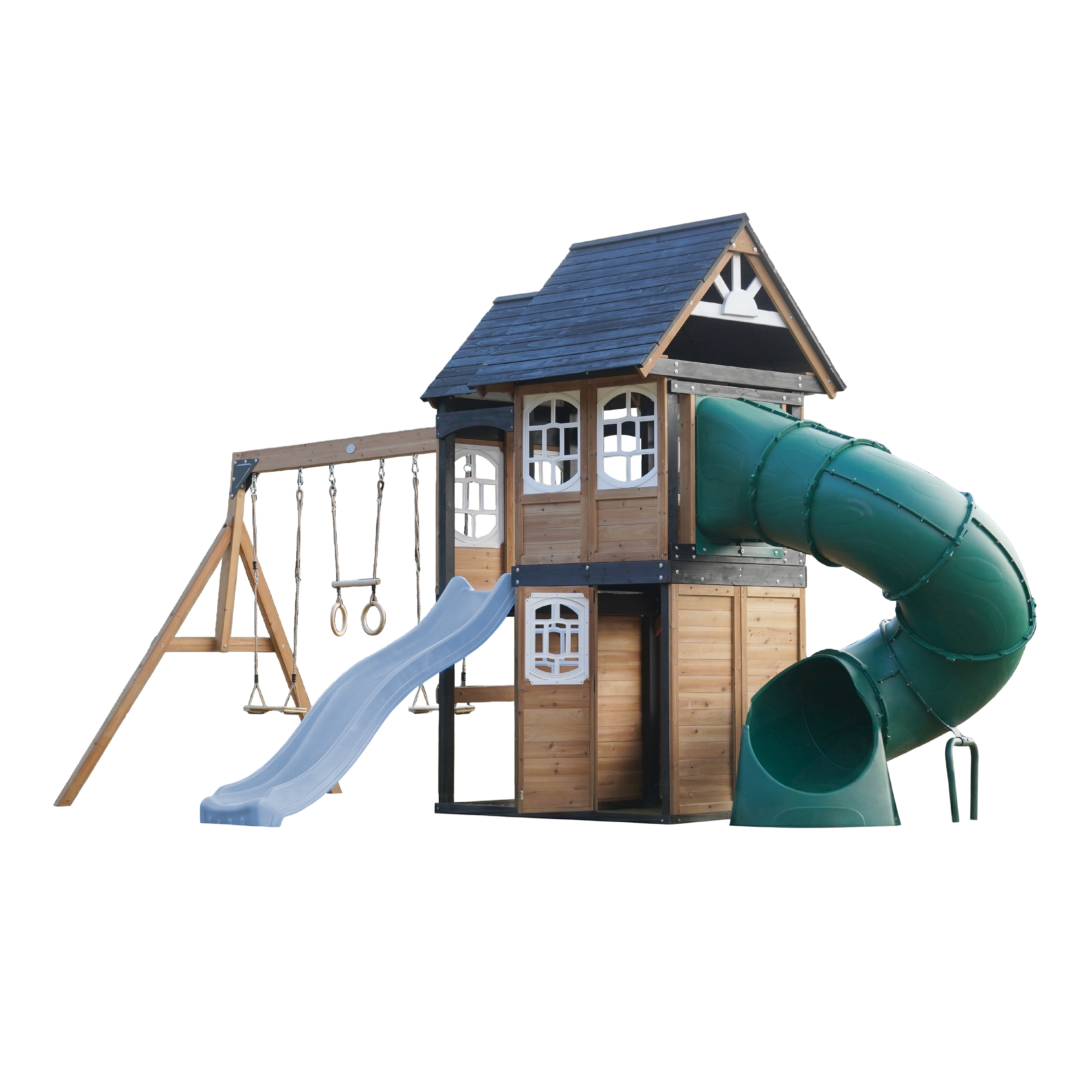 AXI Noud Climbing Frame with Playhouse, Swings, Trapeze and Climbing Wall – Pastel Blue Slide and Tube Slide