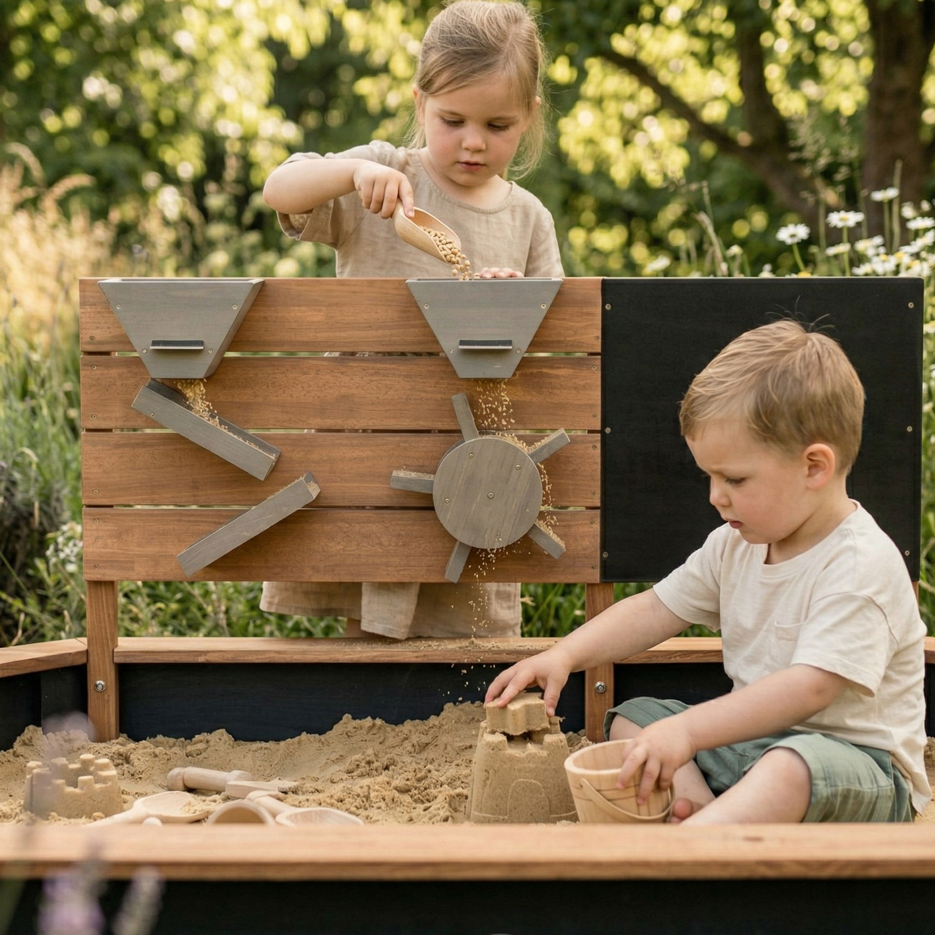 AXI Joey Sandbox Oval with Play wall and Chalkboard - 158 x 91 cm - Brown/Anthracite