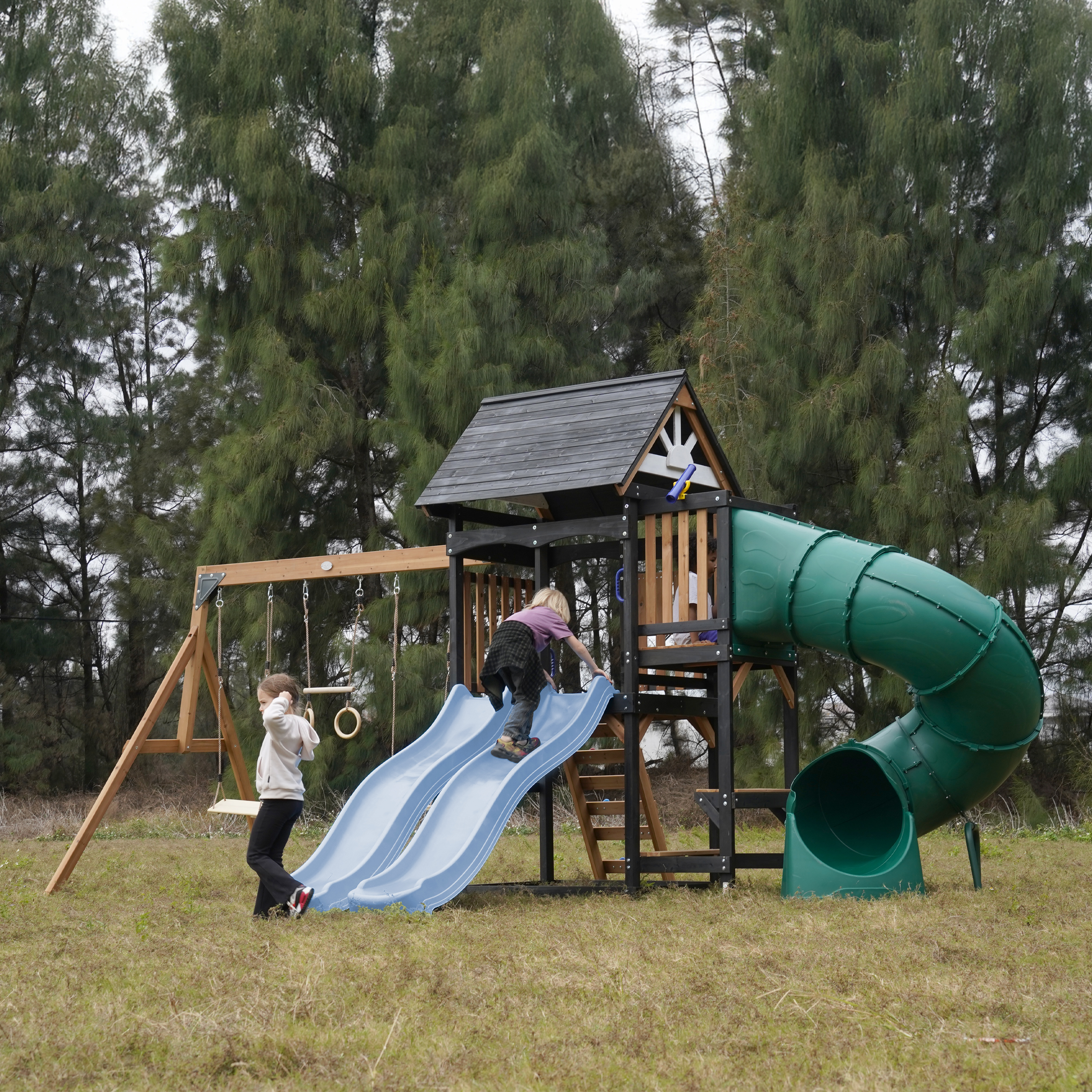 AXI Cody Climbing Frame with Swings, Trapeze and Climbing Wall – Pastel Blue Double Slide and Tube Slide