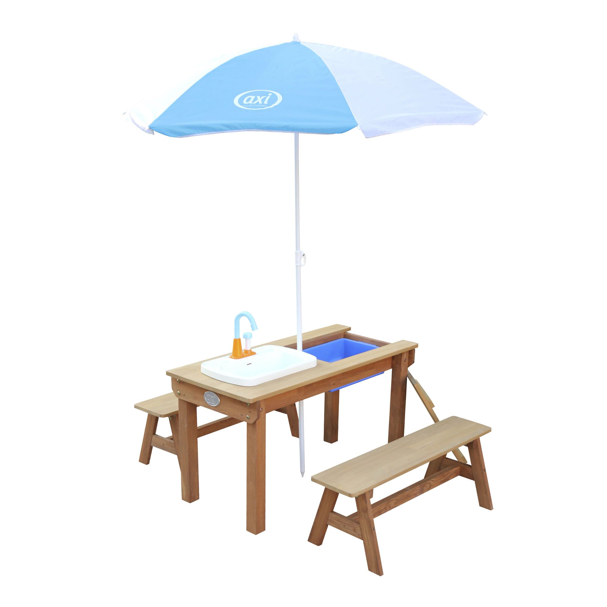AXI Dennis Sand und Wasser Picknicktisch mit Spielküche und Sitzbänken Braun - Sonnenschirm Blau und Weiß