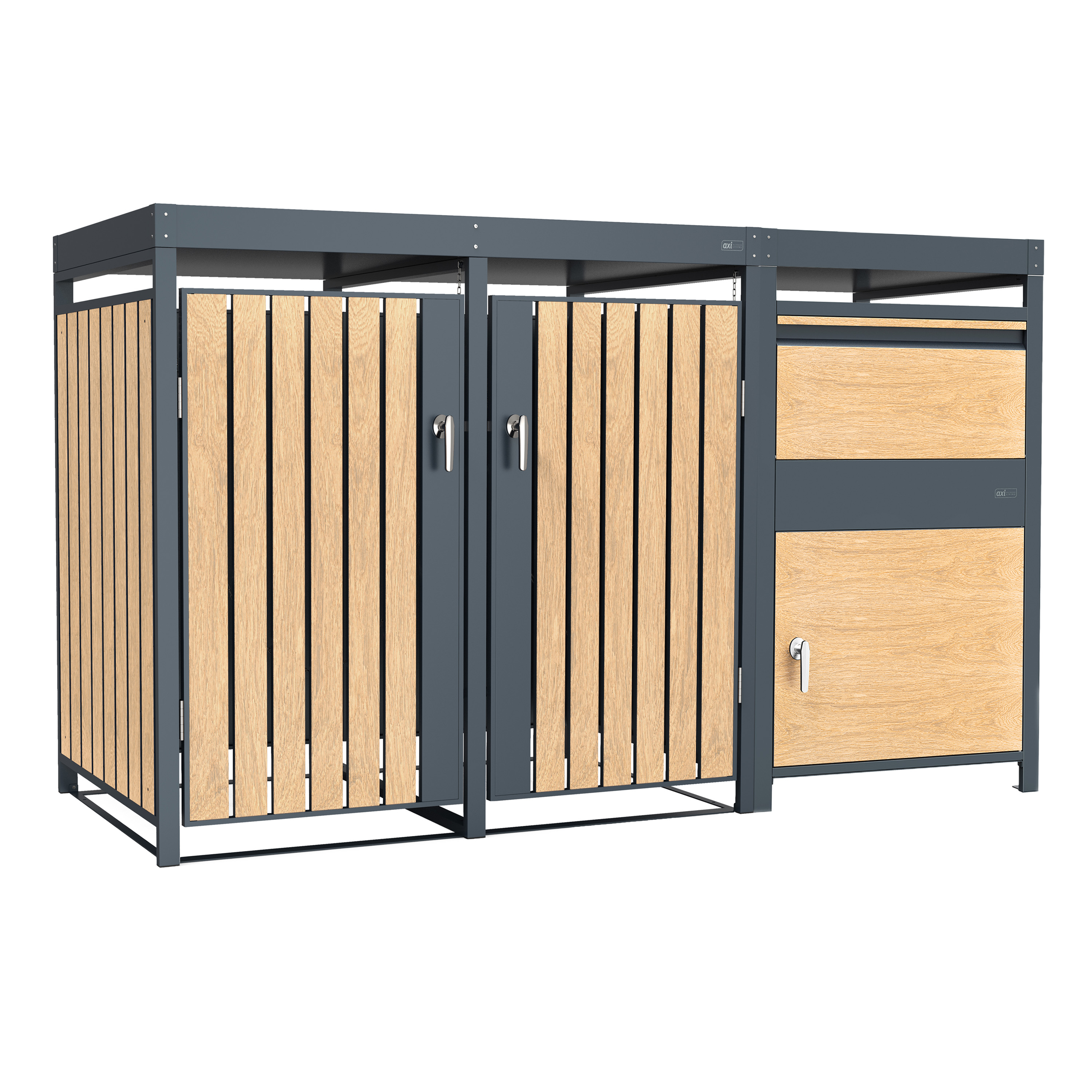 AXI Leon Bin Storage with Louis Parcel Postbox Anthracite/Wood Look – 2 Garbage Bins