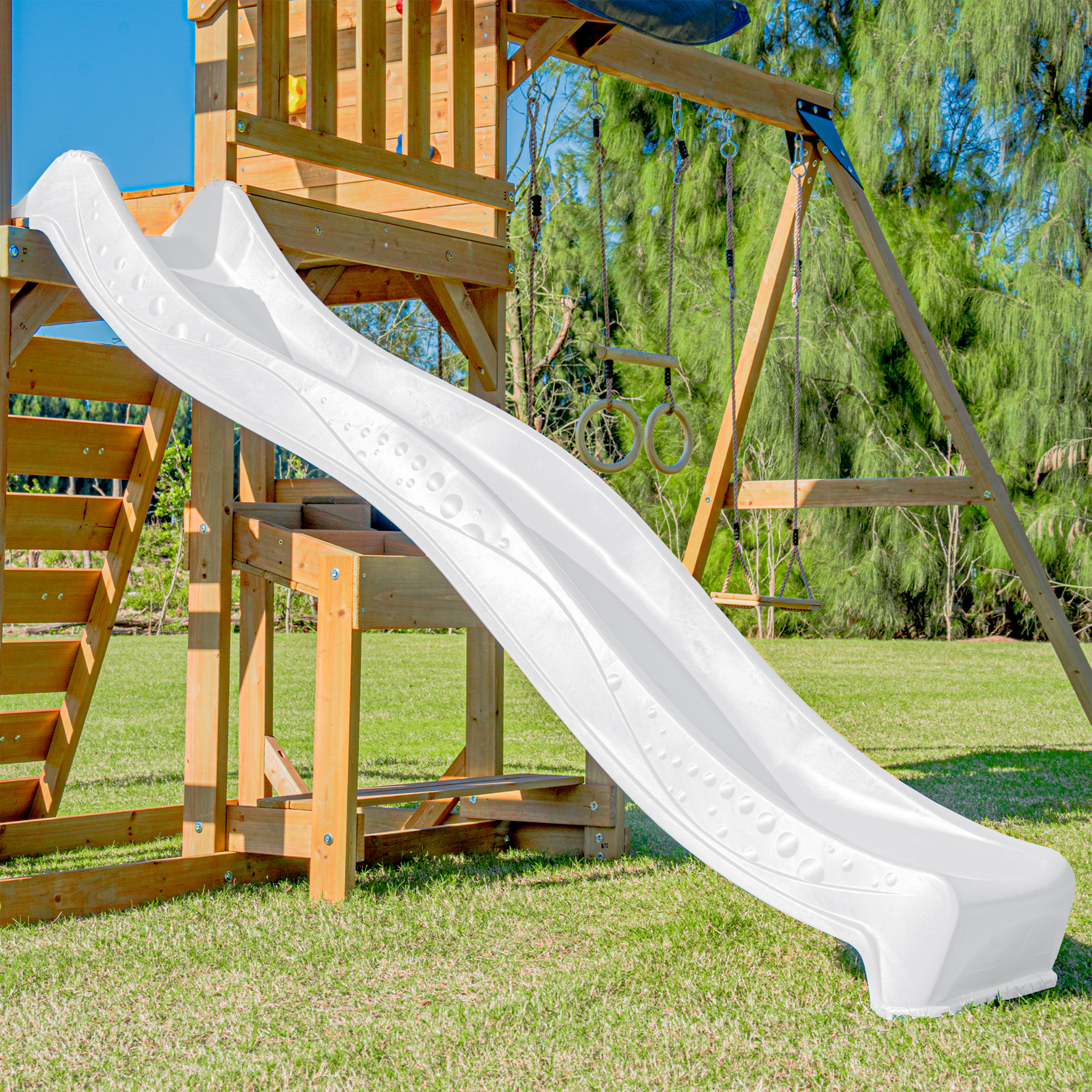 AXI Mitch Climbing Frame with Double Swing, Trapeze and Lookout Tower – White Slide