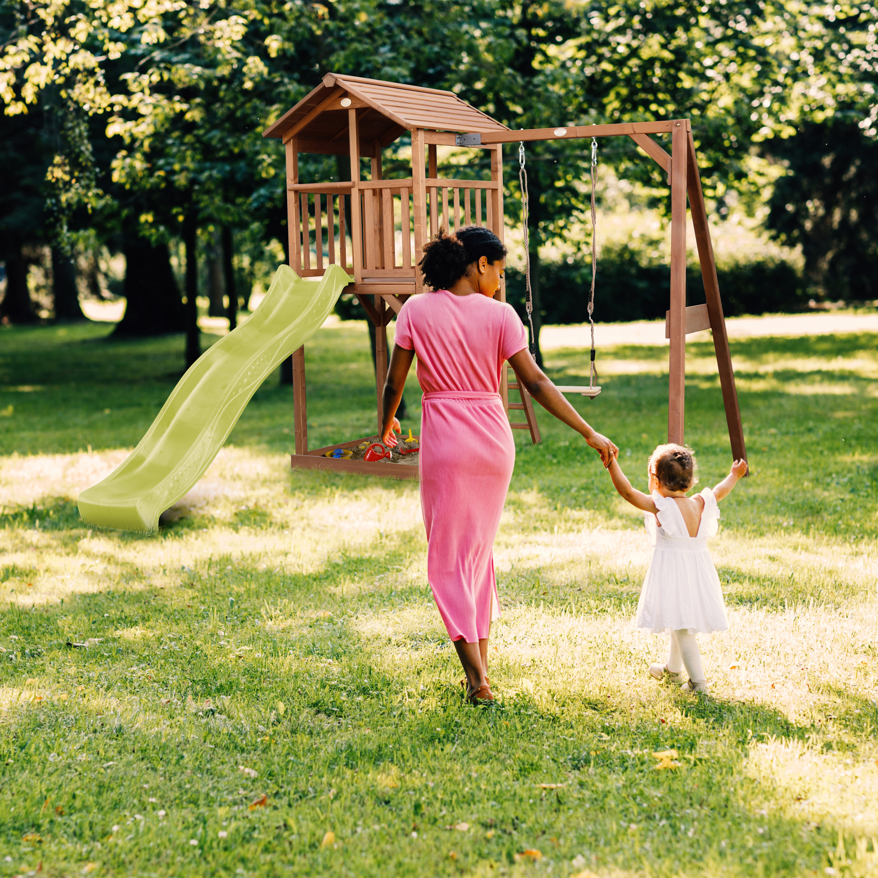 AXI Beach Tower with Single Swing Set Brown - Lime Green Slide