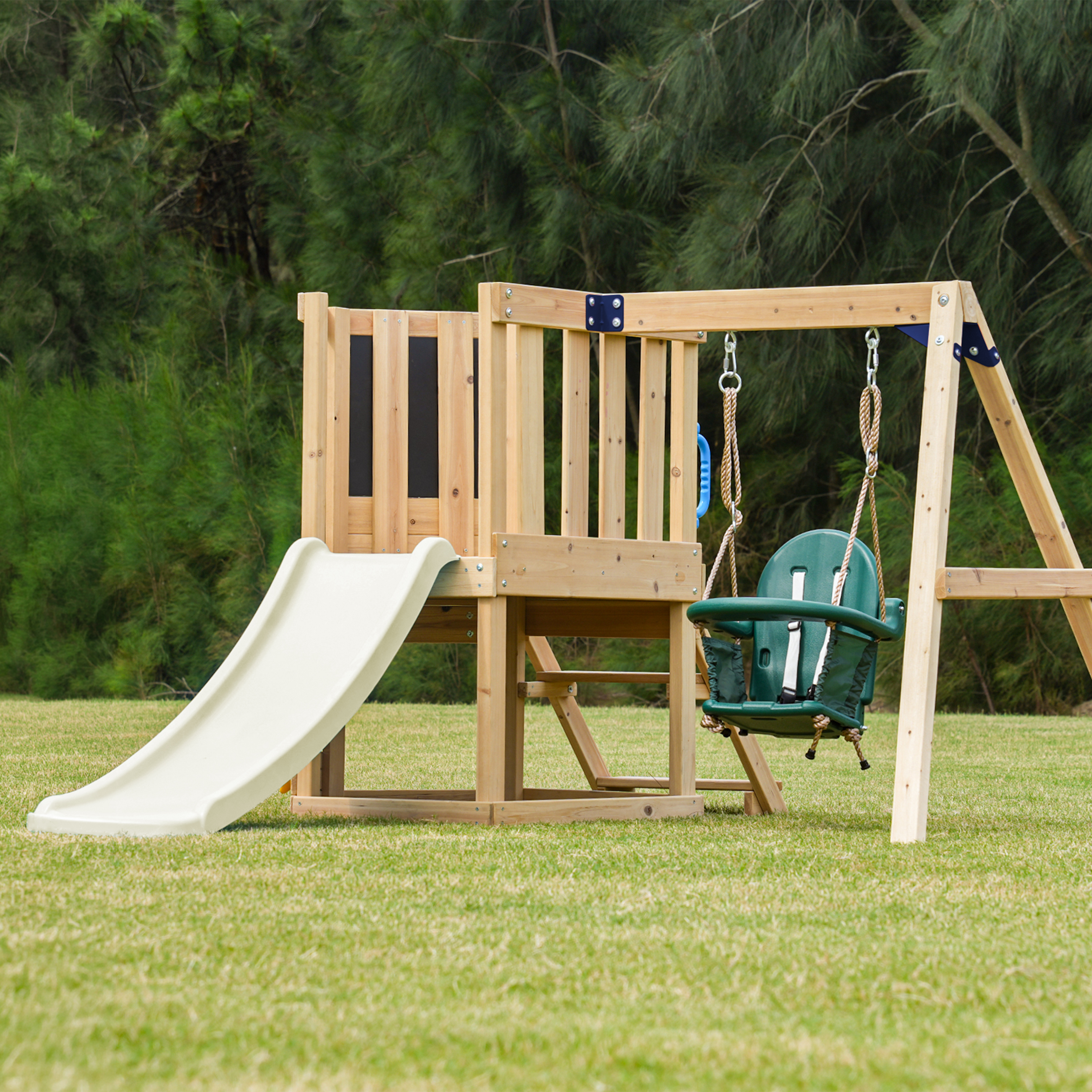 AXI Timo Mini Climbing Frame with Baby Swing, Climbing Wall and Chalkboard – Cream Slide